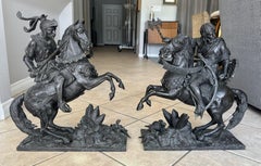 Pair French Bronze Statues Renaissance Knights on Horseback