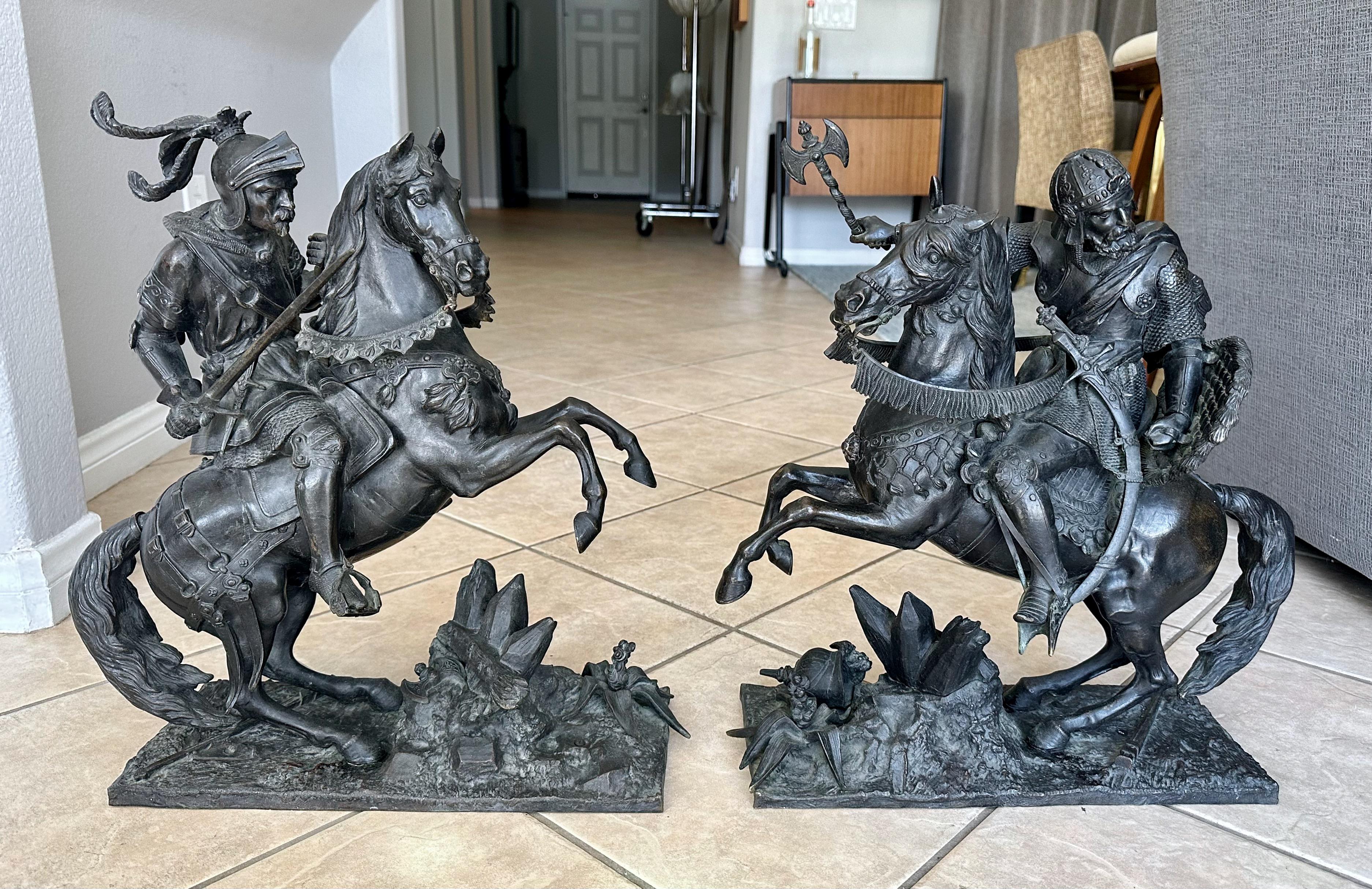 Pair French Bronze Sculptures Knights Equestrian Warriors For Sale 16