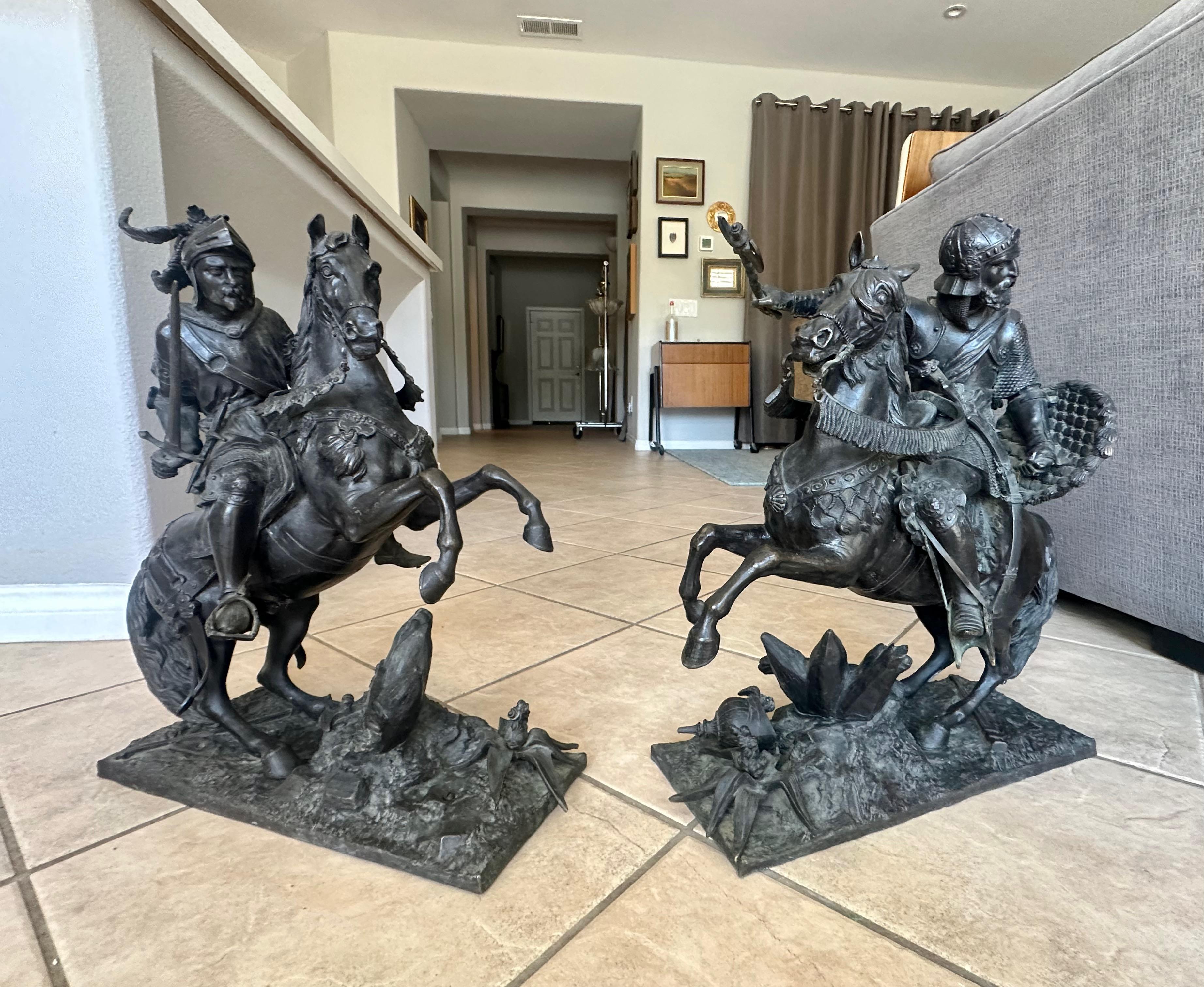 Pair French Bronze Sculptures Knights Equestrian Warriors In Good Condition For Sale In Palm Springs, CA