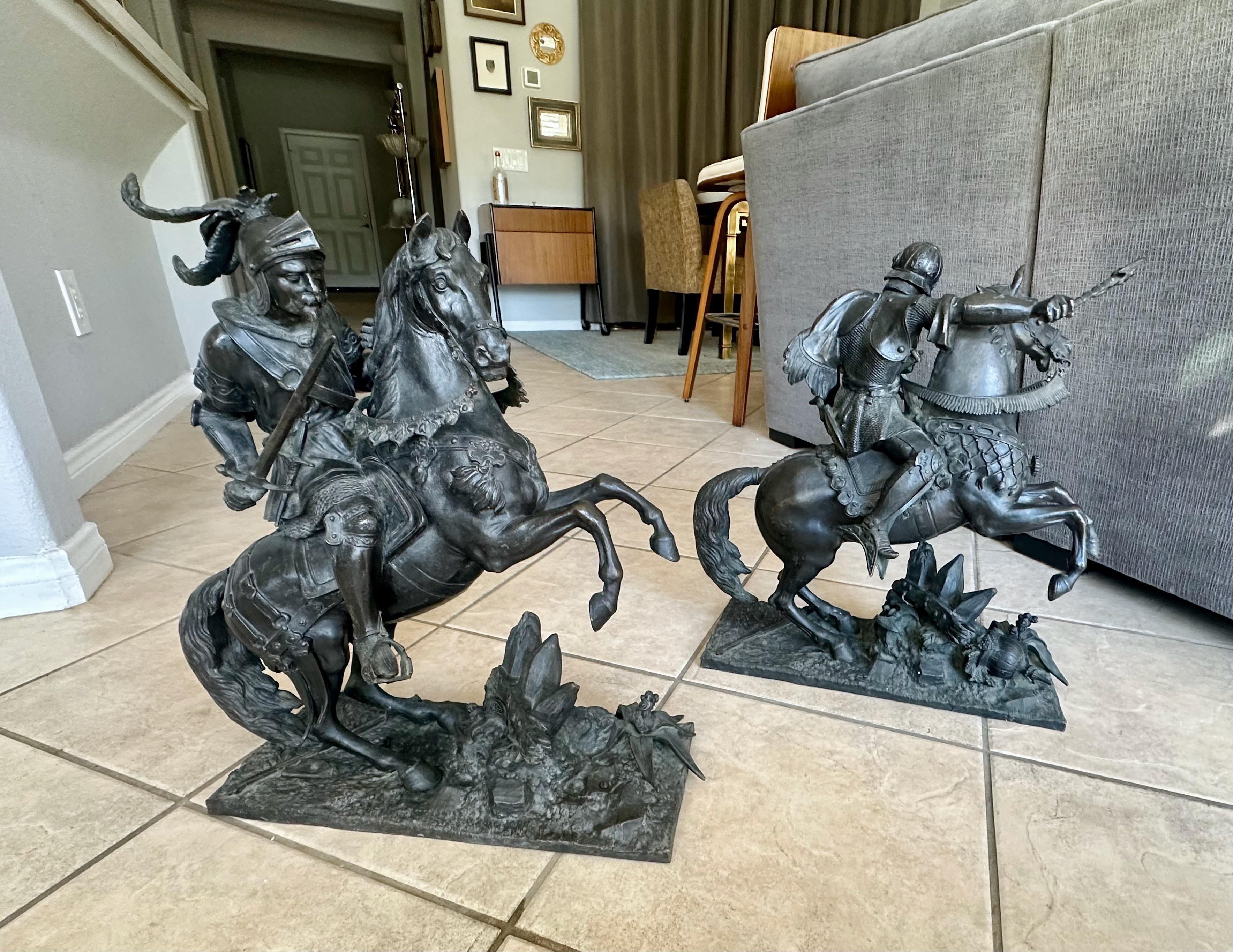 19th Century Pair French Bronze Sculptures Knights Equestrian Warriors For Sale