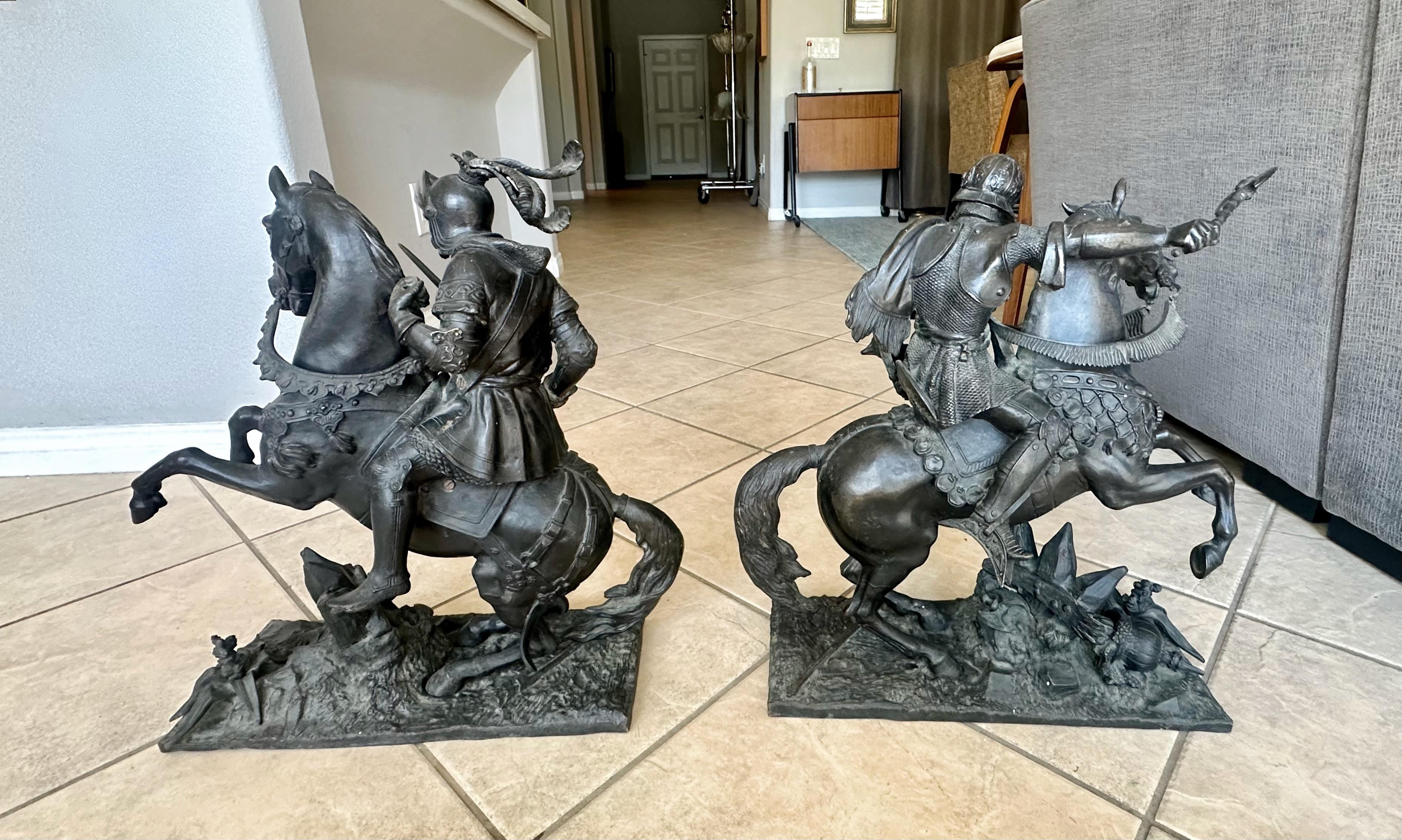 Pair French Bronze Sculptures Knights Equestrian Warriors For Sale 1