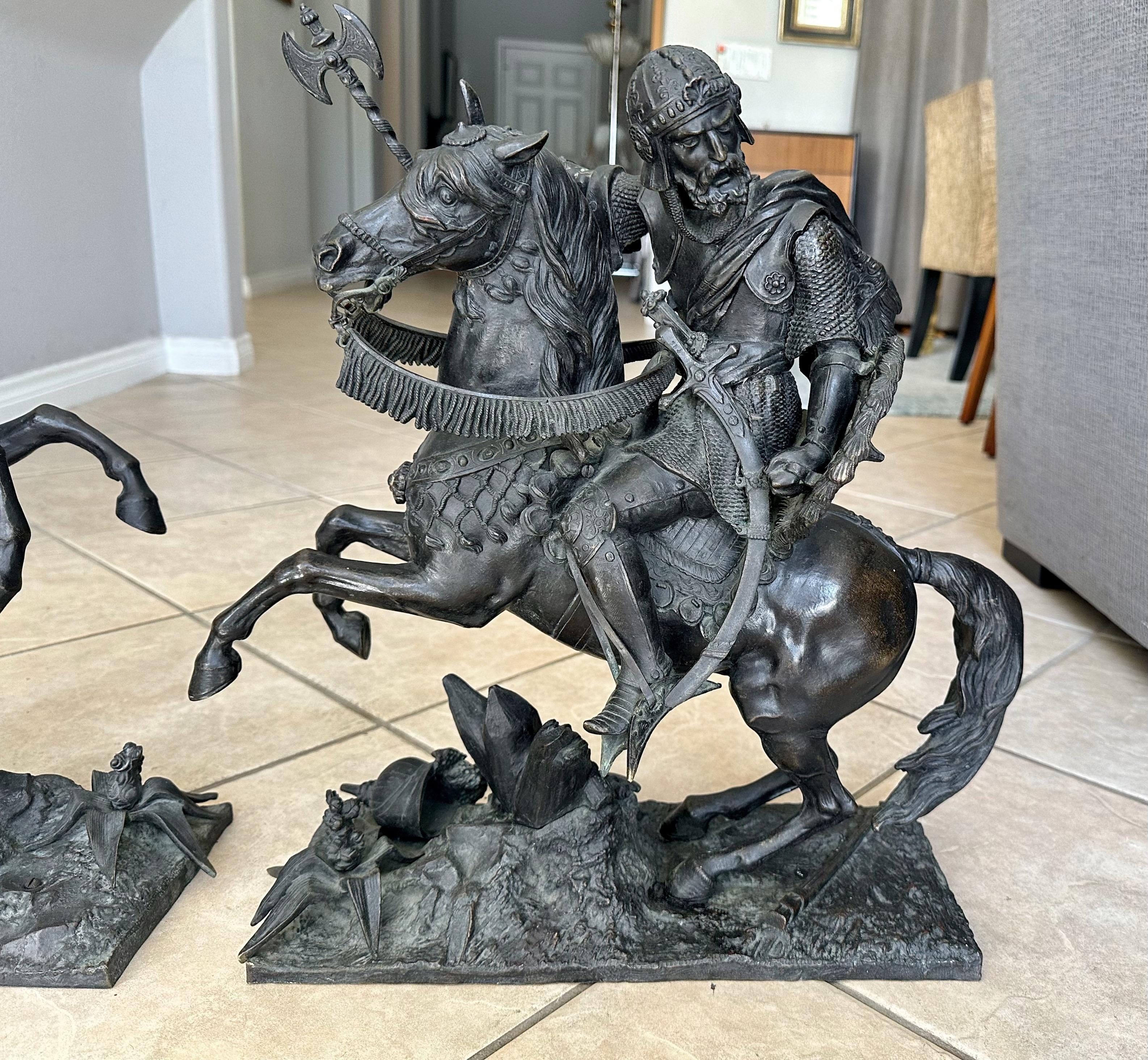 Pair French Bronze Sculptures Knights Equestrian Warriors For Sale 2
