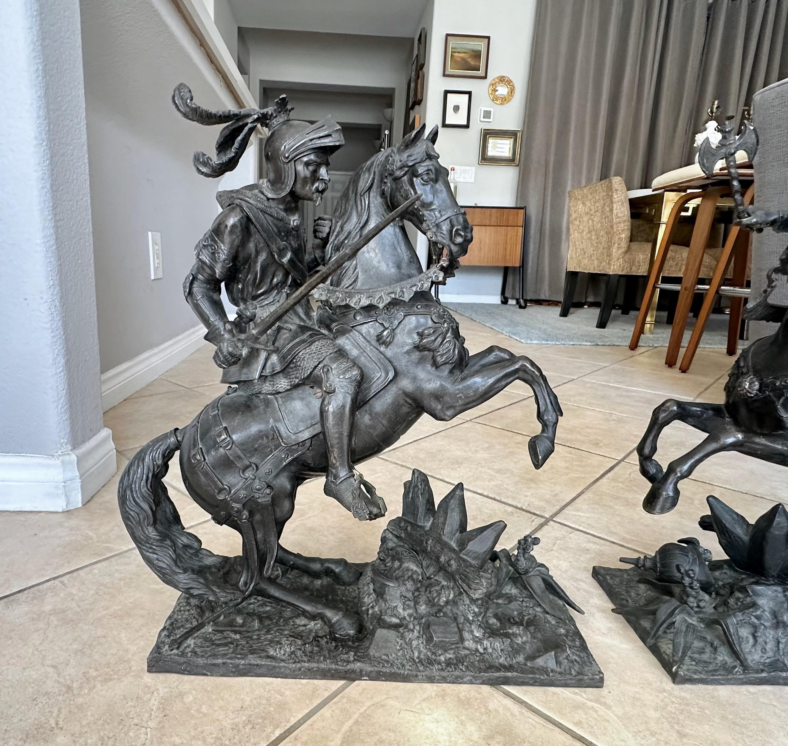 Pair French Bronze Sculptures Knights Equestrian Warriors For Sale 3