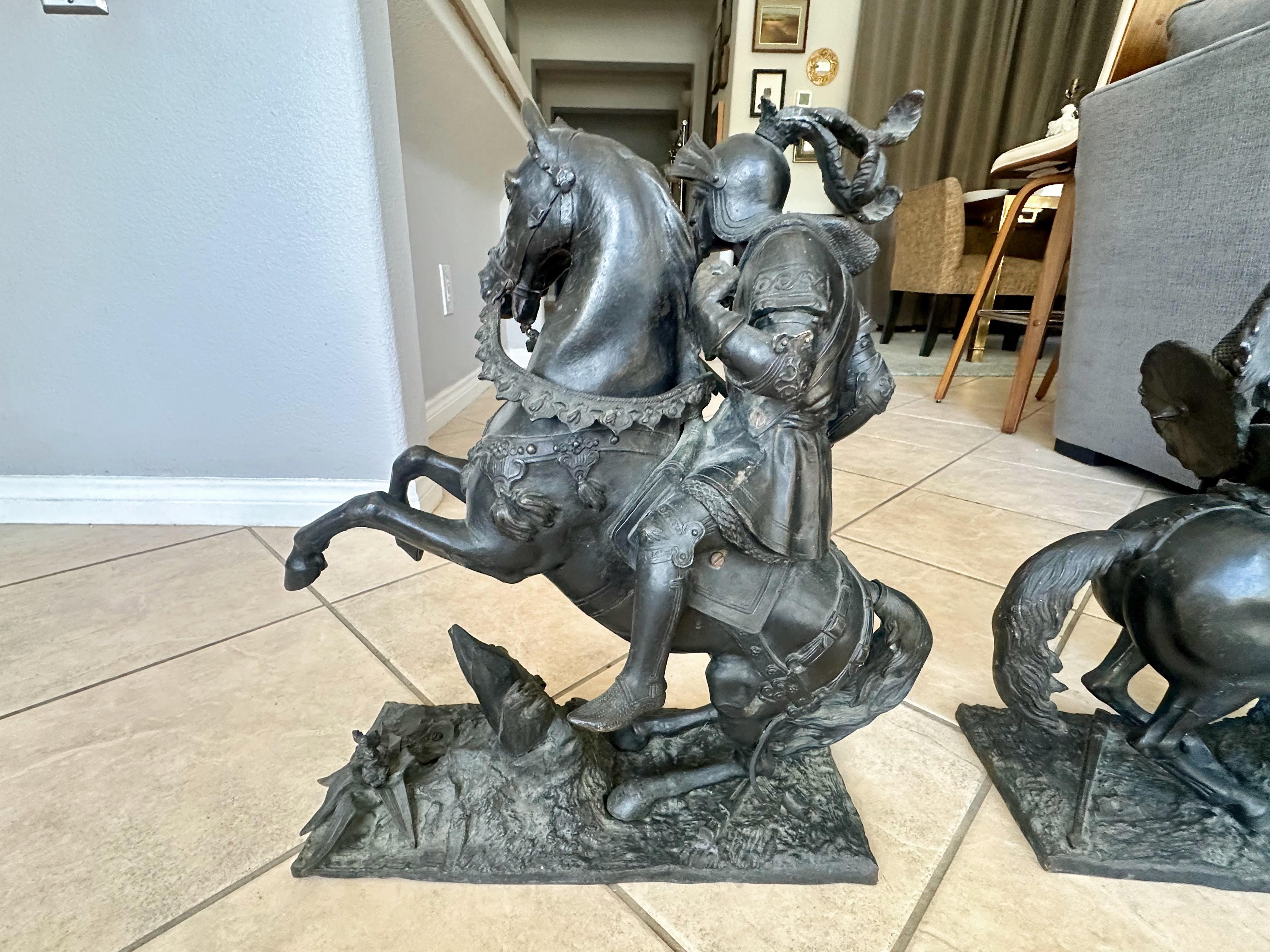 Pair French Bronze Sculptures Knights Equestrian Warriors For Sale 5