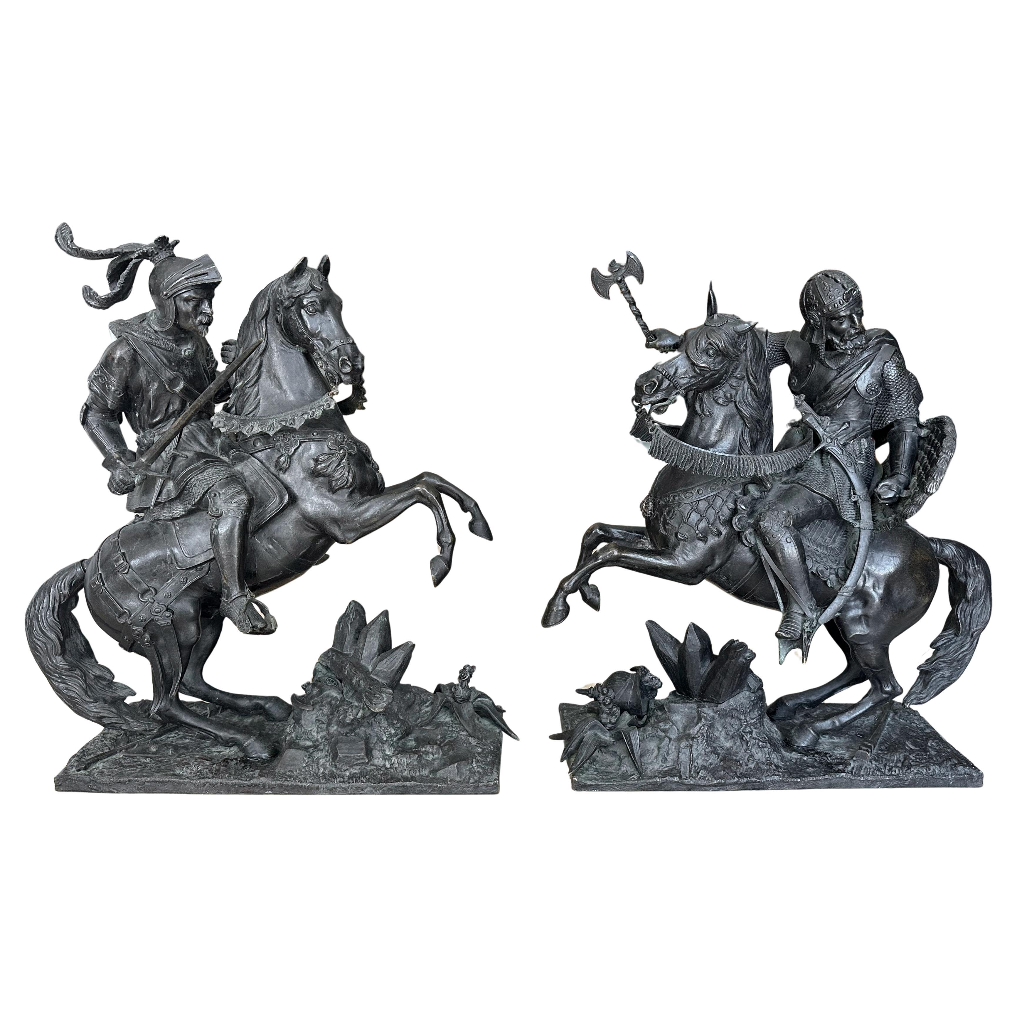 Pair French Bronze Sculptures Knights Equestrian Warriors For Sale