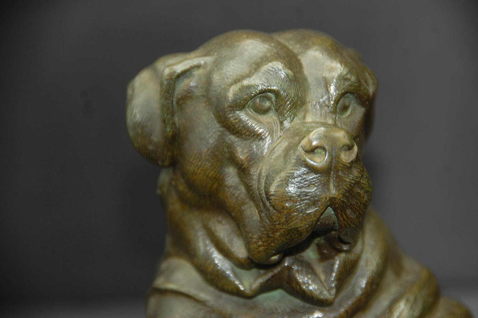 Französische Bronze aus dem 19. Jahrhundert, die einen großen Hund, möglicherweise eine Dogge, zeigt, der seine Jagdausrüstung unter seinem großen Körper versteckt, als würde er seinen abwesenden Herrn beschützen. Die massive Bronze ist mit Waagen