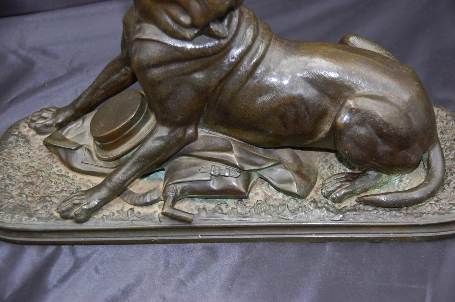 Cast French 19th Century Bronze Signed Waagen of Dog with Huntsman's Kit For Sale