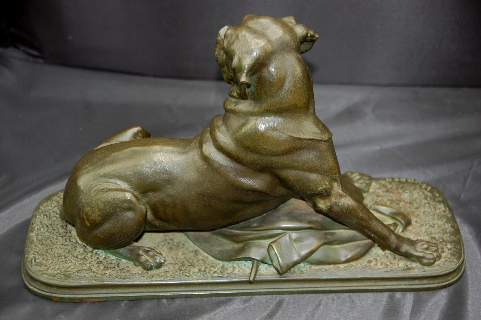 French 19th Century Bronze Signed Waagen of Dog with Huntsman's Kit In Good Condition For Sale In Wells, ME