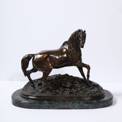 French 19th Century Bronze Stallion Sculpture on Marble Base, Signed P.J. Mêne