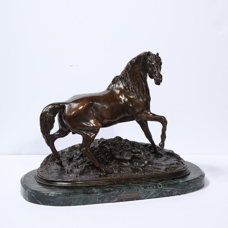 French 19th Century Bronze Stallion Sculpture on Marble Base, Signed P.J. Mêne In Excellent Condition For Sale In New York, NY