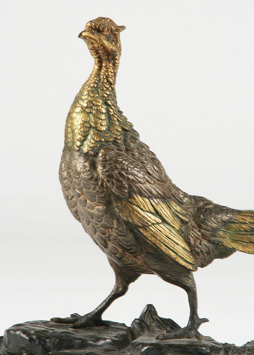 Beautiful antique bronze sculpture of a pheasant on a black marble base. The bronze is beautifully refined and patinated in different colors. The statue is marked 'E. Delabriere' on the base.
Edouard Paul Delabriere was a French sculptor who lived