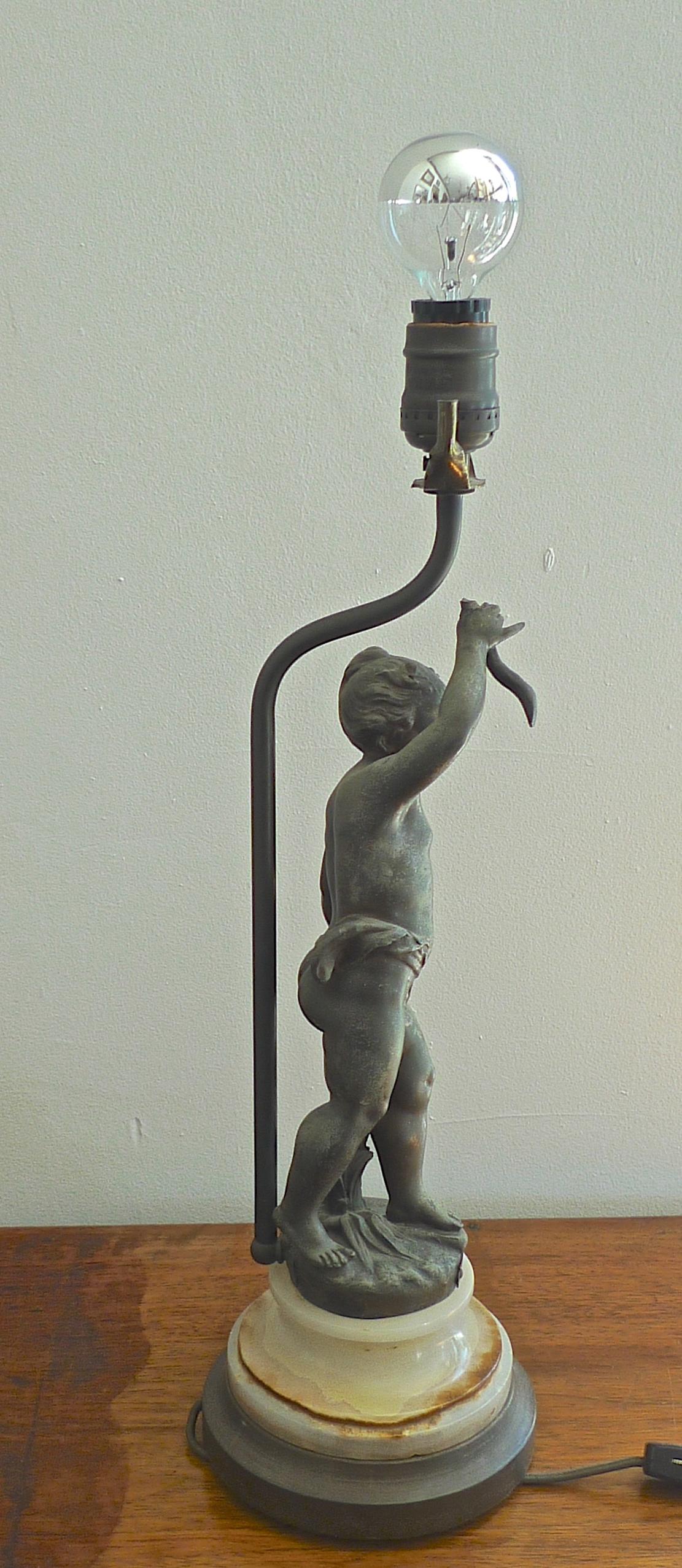 French 19th century bronze statuette on marble stand by Ernest Justin Ferrand converted to a desk lamp.