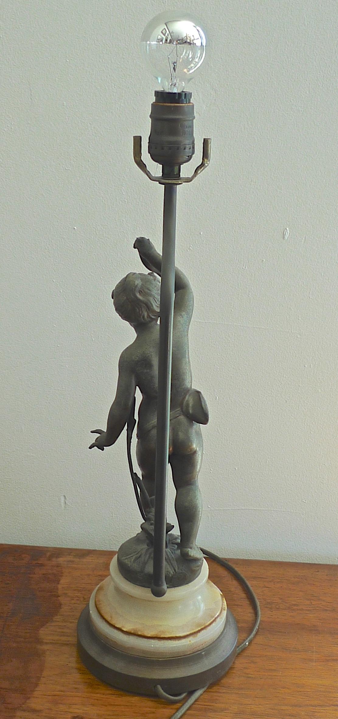 French 19th Century Bronze Statuette on Marble Stand Converted to Desk Lamp In Distressed Condition For Sale In Santa Monica, CA