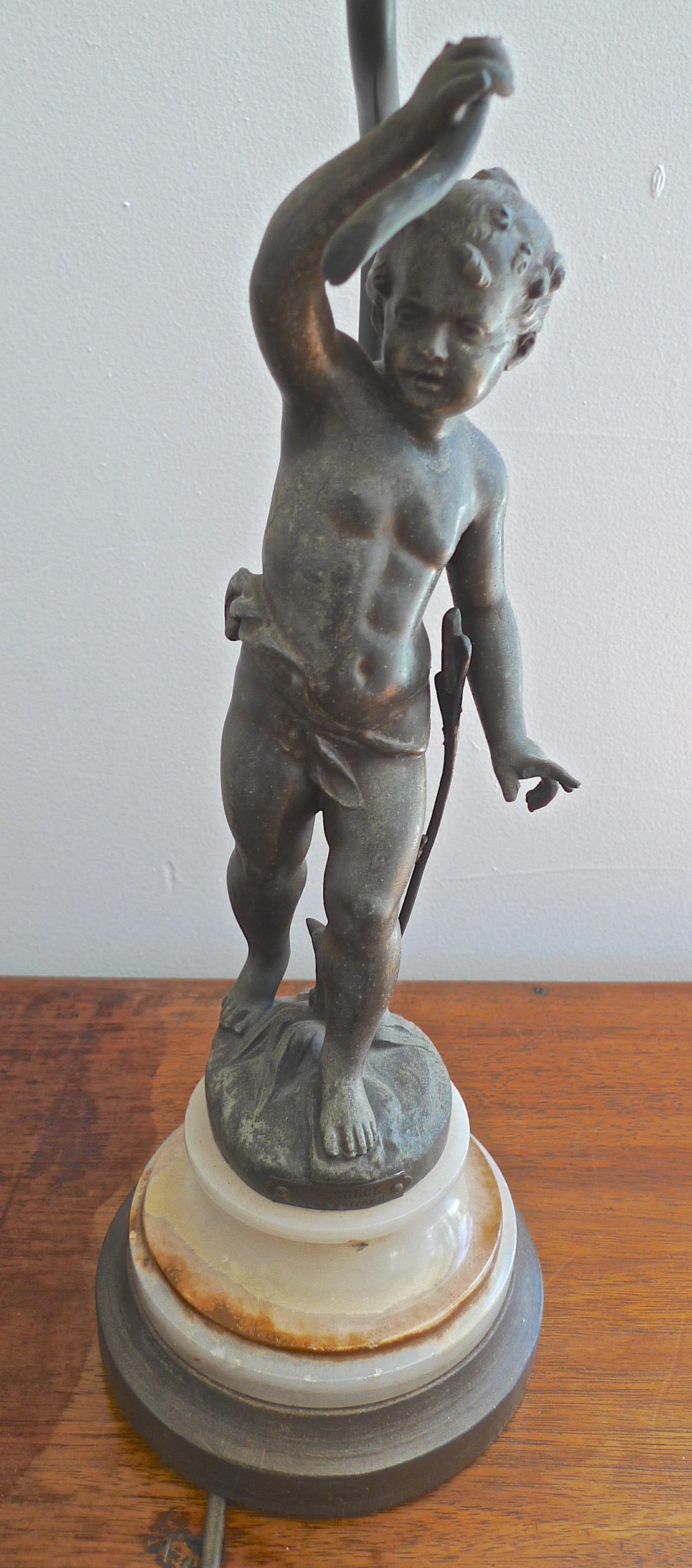 French 19th Century Bronze Statuette on Marble Stand Converted to Desk Lamp For Sale 3