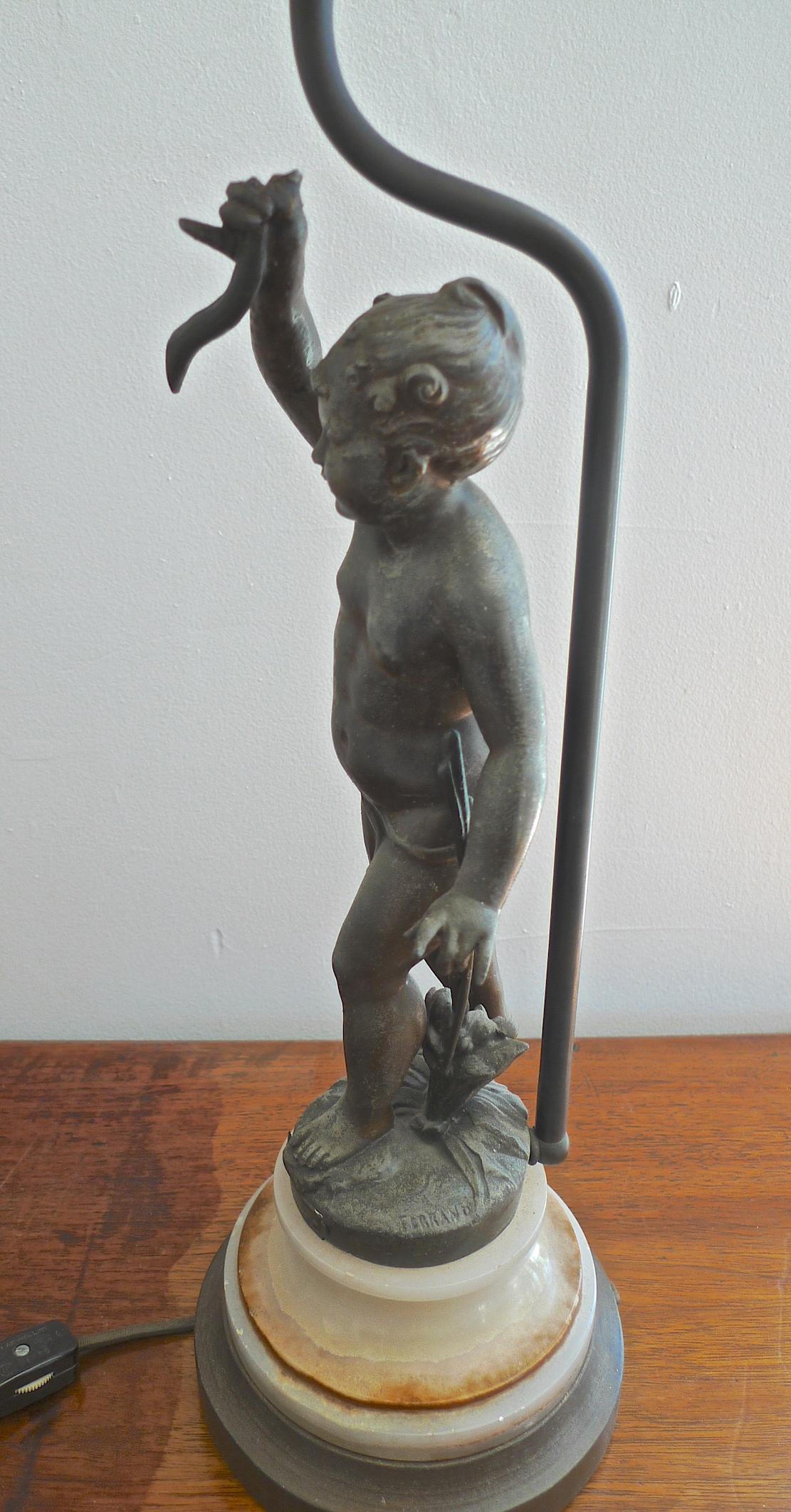 French 19th Century Bronze Statuette on Marble Stand Converted to Desk Lamp For Sale 4