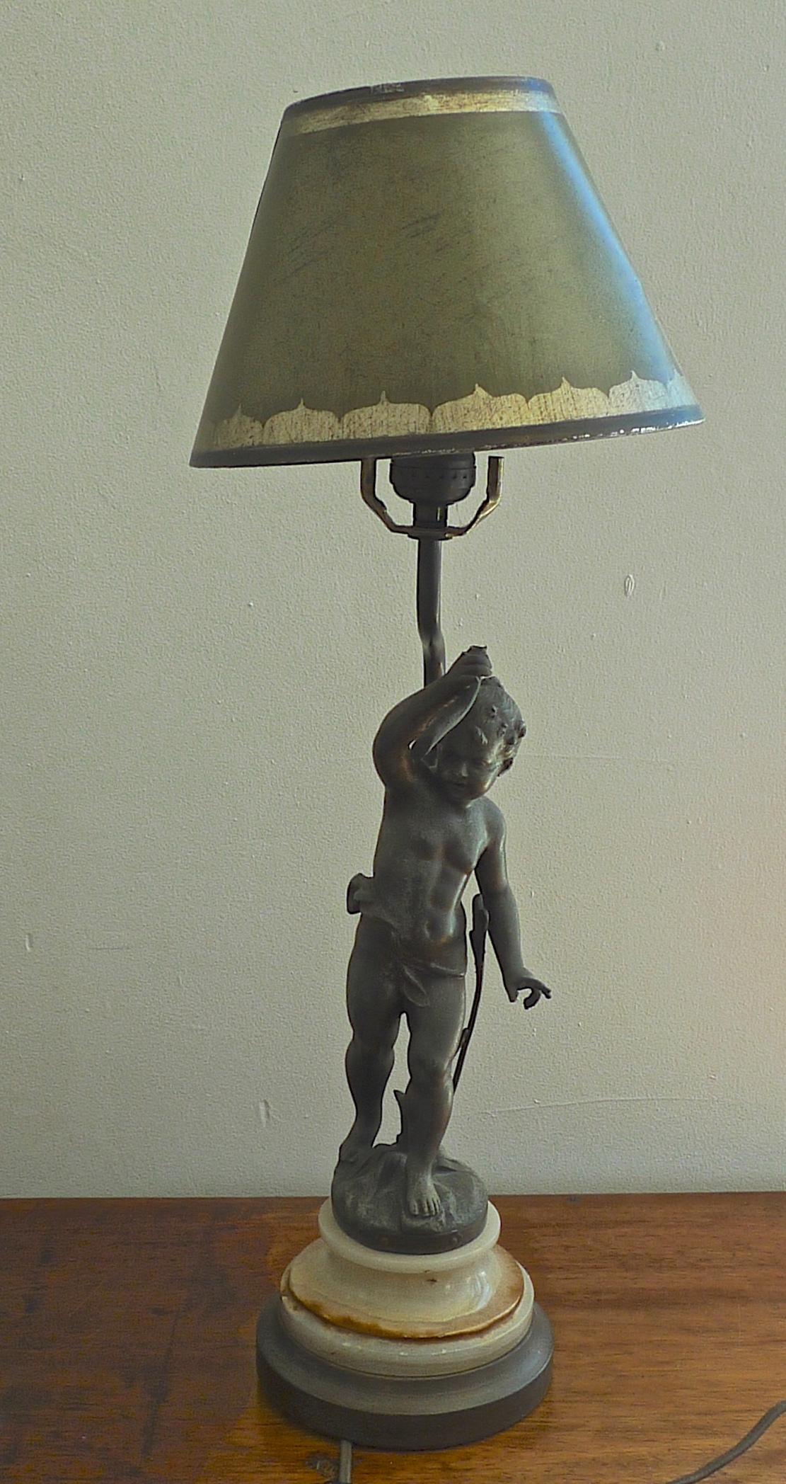 French 19th Century Bronze Statuette on Marble Stand Converted to Desk Lamp For Sale 5