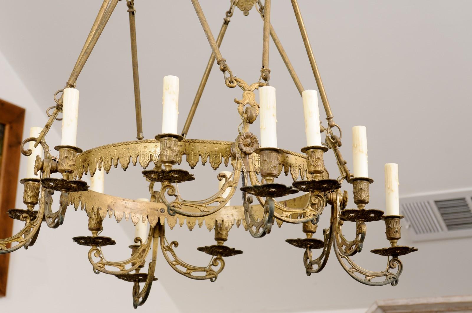 French 19th Century Bronze Twelve Light Ring Chandelier with Scrolling Arms For Sale 8