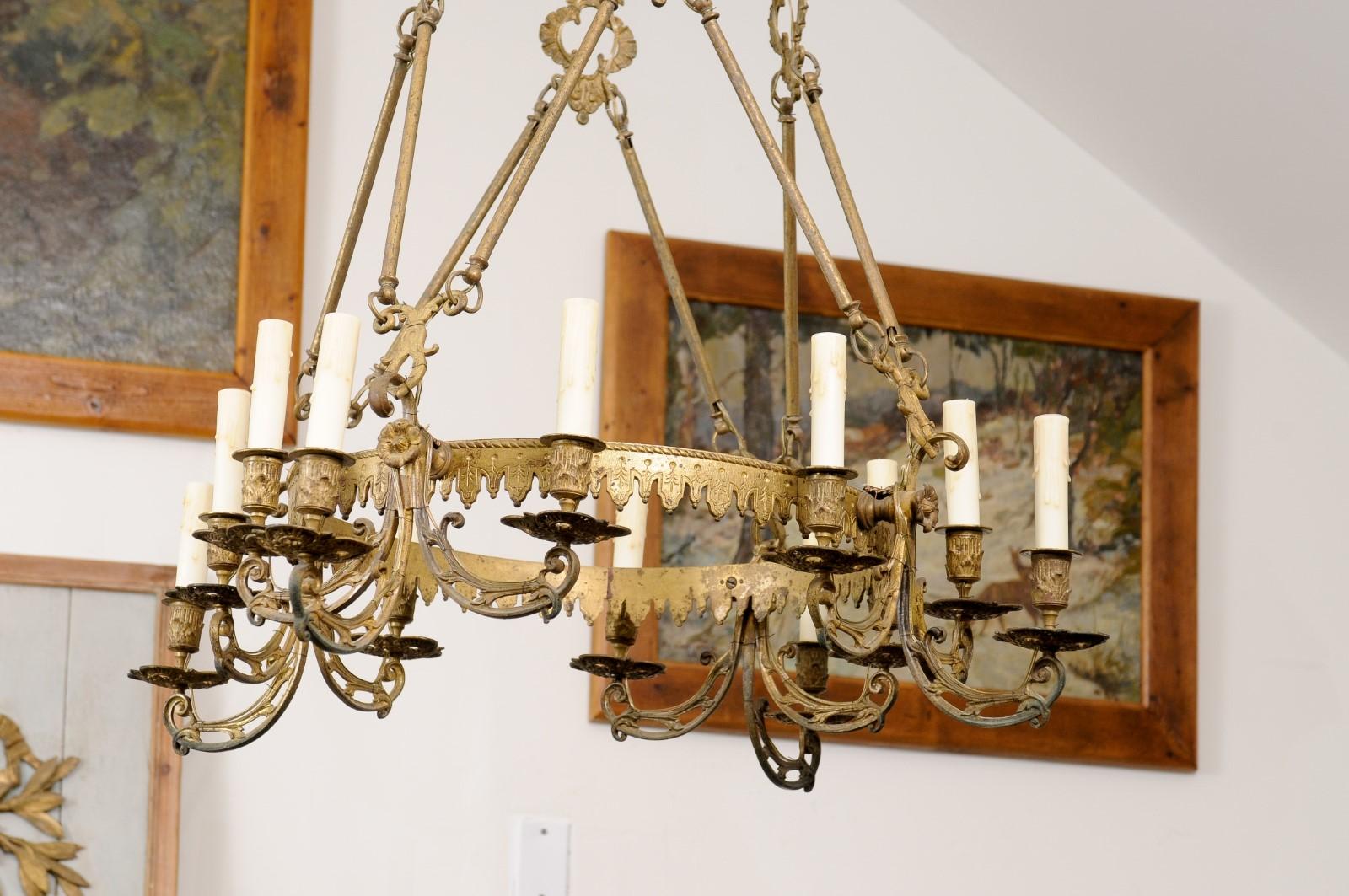 French 19th Century Bronze Twelve Light Ring Chandelier with Scrolling Arms For Sale 1