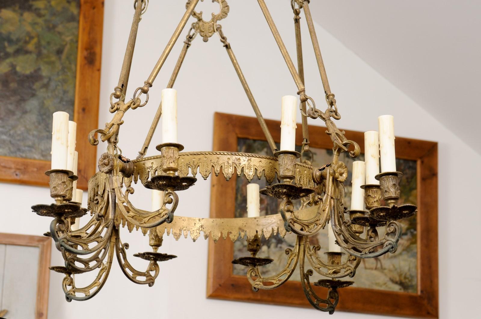 French 19th Century Bronze Twelve Light Ring Chandelier with Scrolling Arms For Sale 3