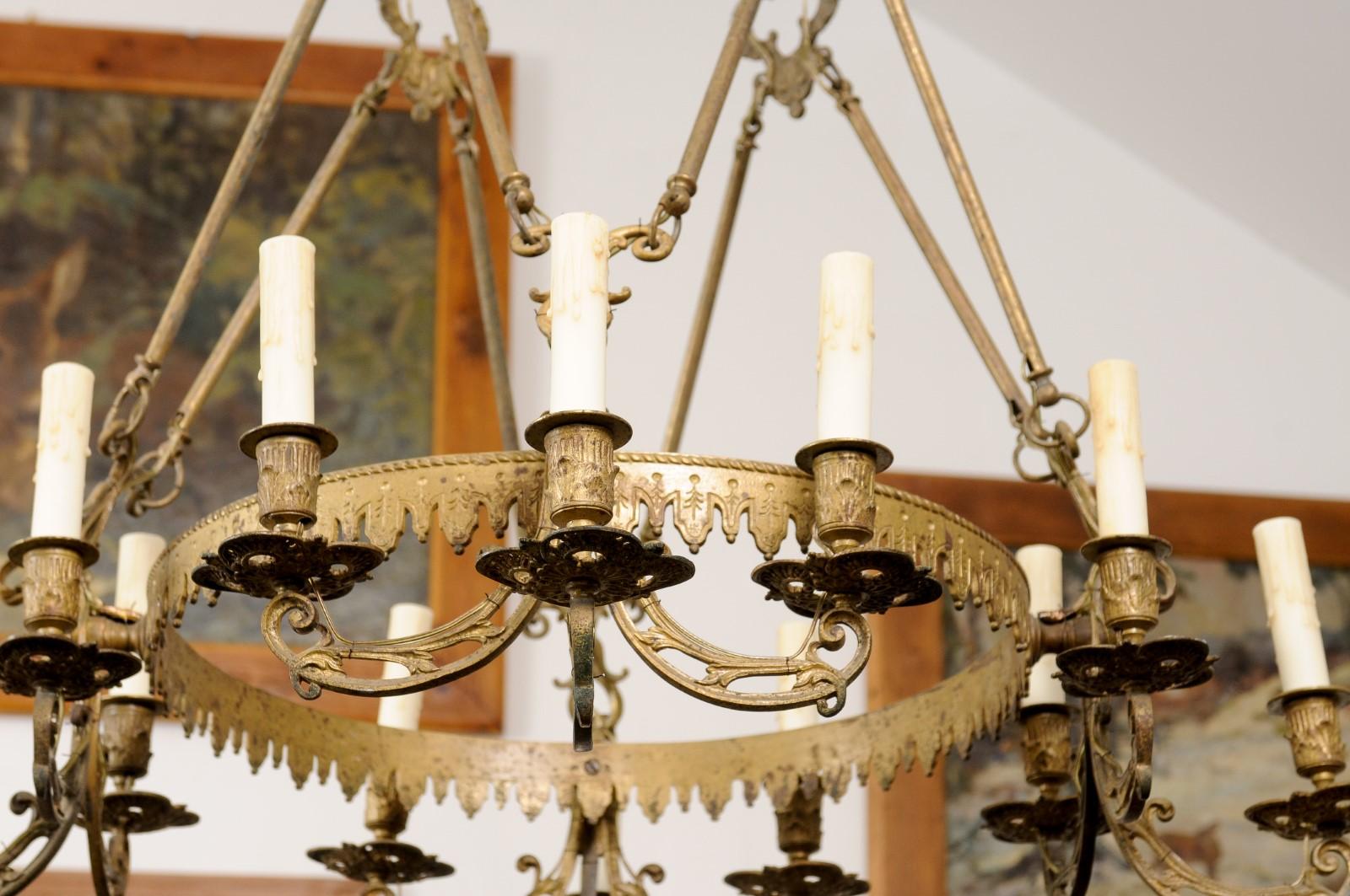 French 19th Century Bronze Twelve Light Ring Chandelier with Scrolling Arms For Sale 6