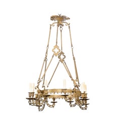 Antique French 19th Century Bronze Twelve Light Ring Chandelier with Scrolling Arms