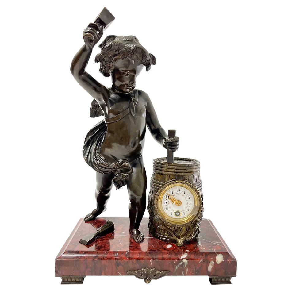 French 19th Century Bronze with Marble Base Mantel Clock, Pendule