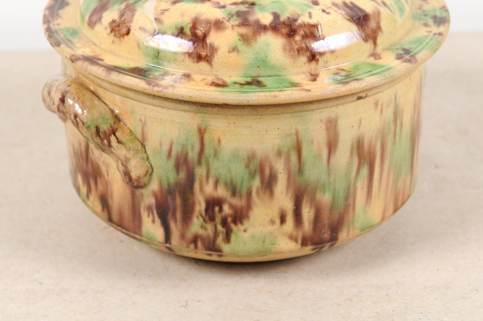French 19th Century Brown and Green Glazed Ceramic Casserole Dish with Lid 1