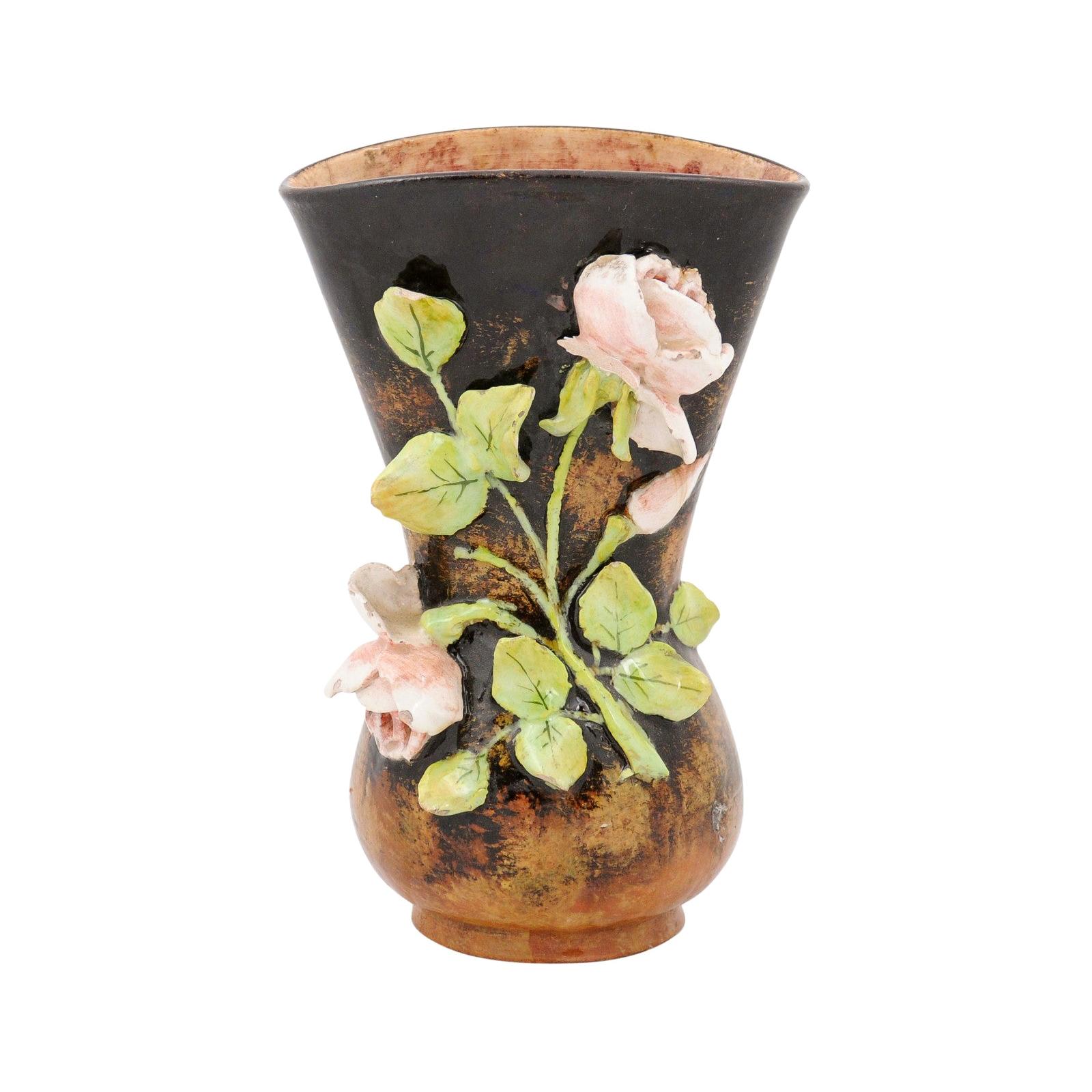 French 19th Century Brown Barbotine Vase with High Relief Pink Roses