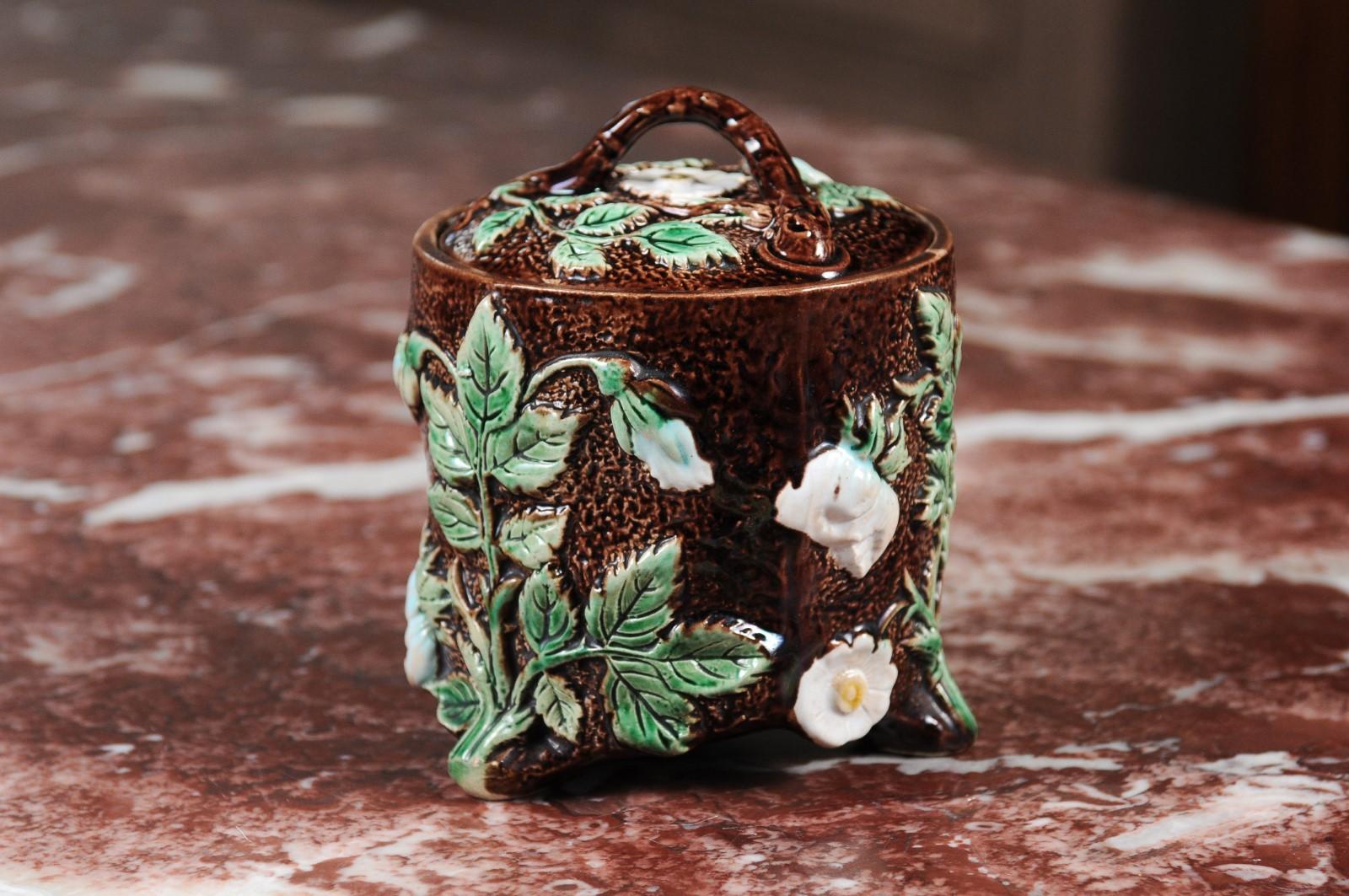 French 19th Century Brown Majolica Lidded Jar with Moulded Floral Décor In Good Condition For Sale In Atlanta, GA