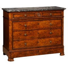 French 19th Century Burl Wood Commode w/5 Drawers and Its Original Marble Top