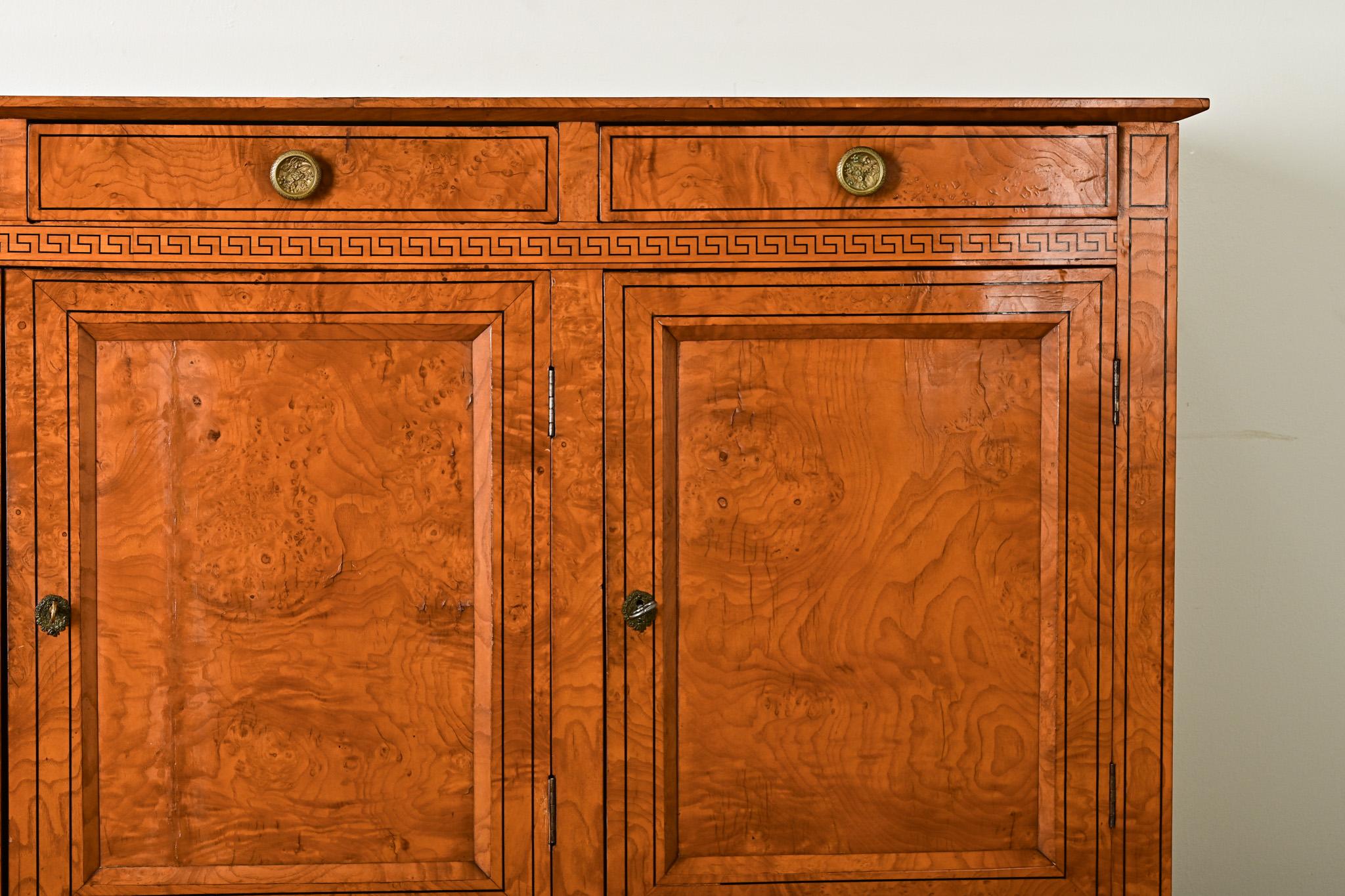 Brass French 19th Century Burl Wood & Greek Key Enfilade For Sale