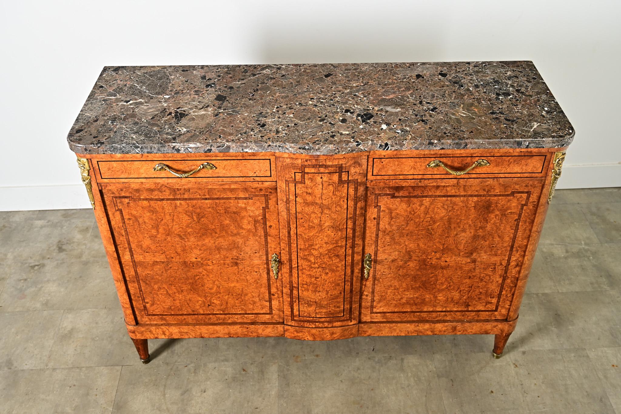 Carved French 19th Century Burled Maple & Marble Top Buffet For Sale