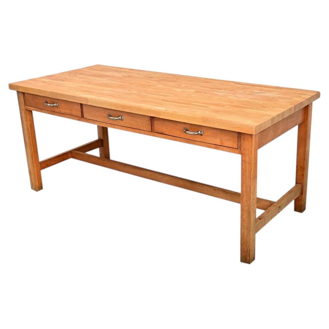 Mesa de comedor-trabajo francesa de bloque de carnicero del siglo XIX