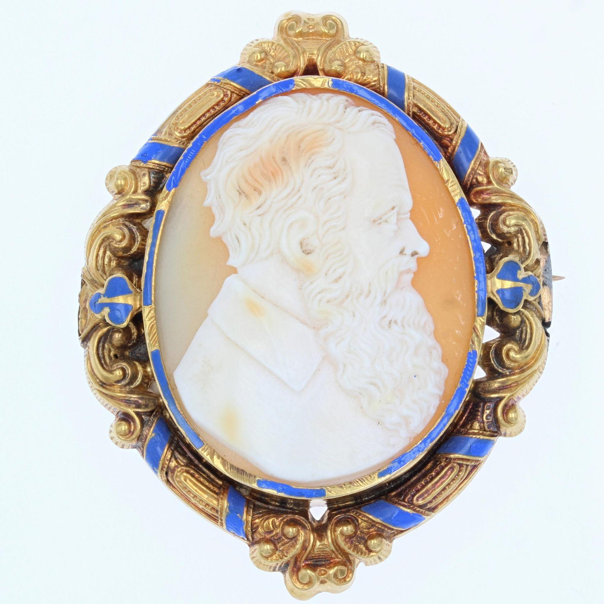 Franzsisch 19. Jahrhundert Kamee-Emaille 18 Karat Gelbgold Brosche Ohrringe Set (Napoleon III.) im Angebot