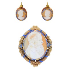 French 19th Century Cameo Enamel 18 Karat Yellow Gold Brooch Earrings Set