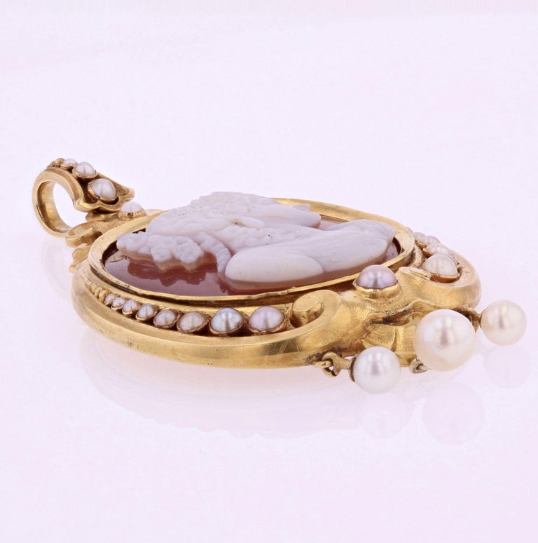 Pendentif Camée En Or Jaune 18 Carats Serti De Perles De Culture - Occasion Très Bon état - Bijou Vintage