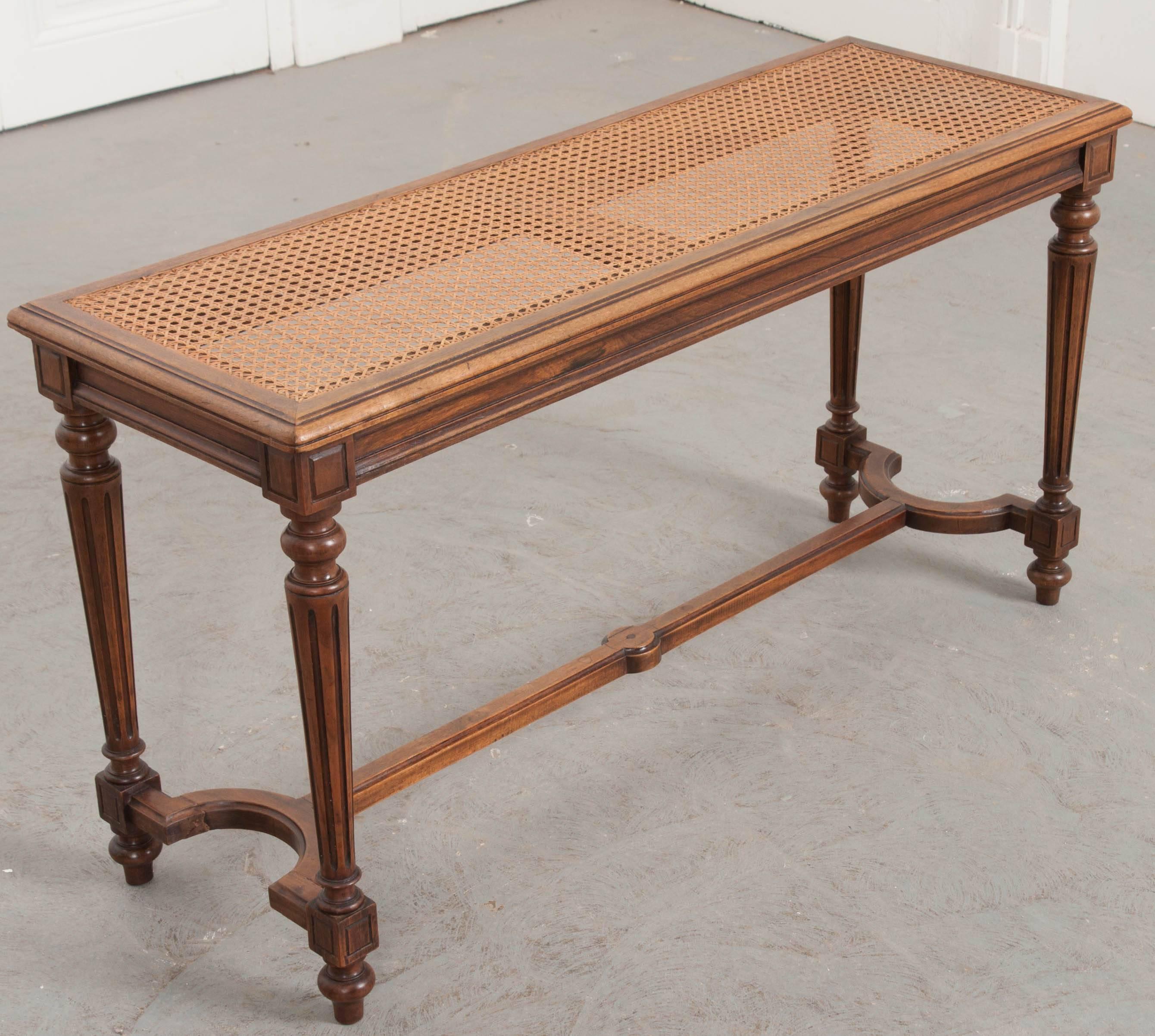 Carved French 19th Century Cane and Walnut Louis XVI Bench