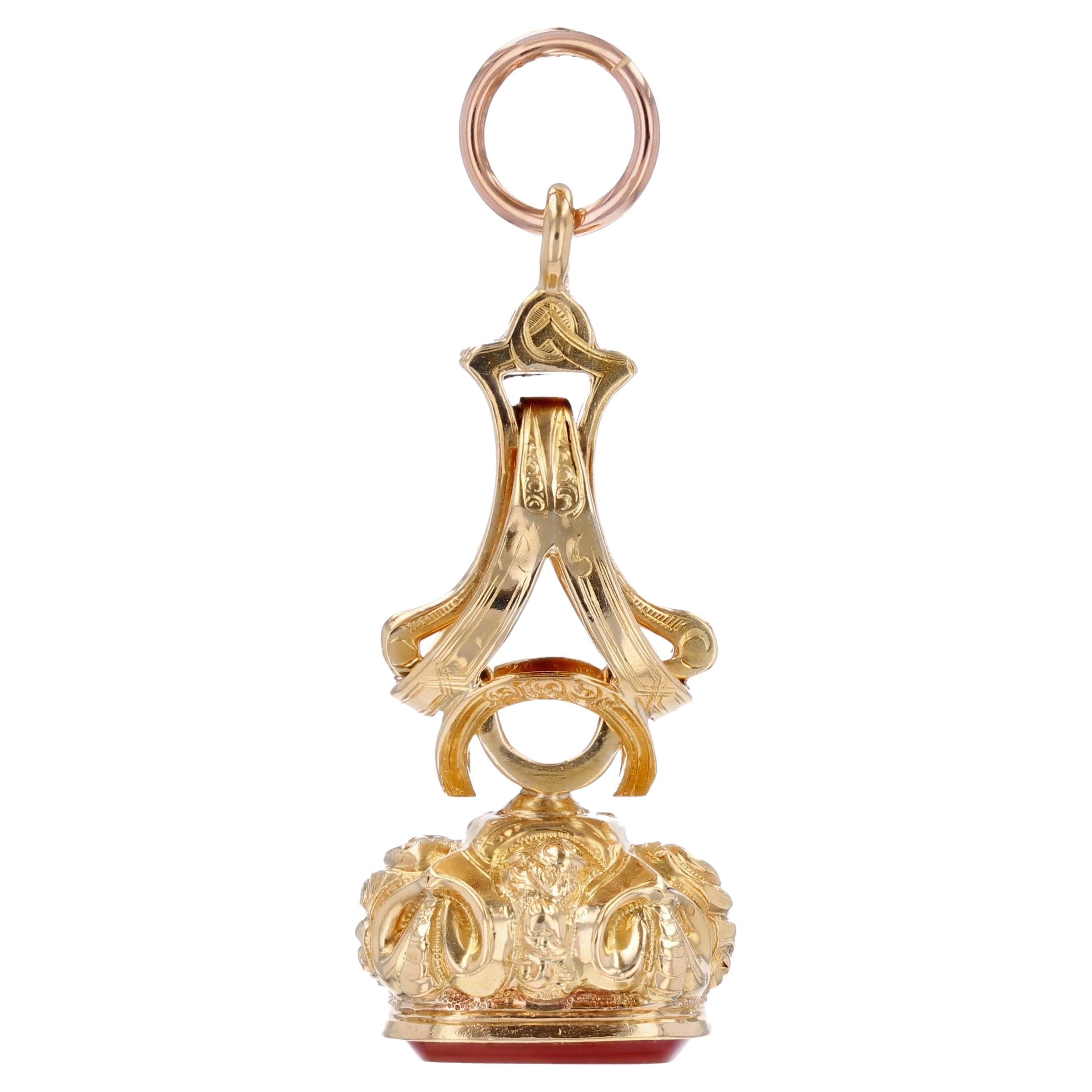 Pendentif français du 19ème siècle en or jaune et rose 18 carats avec cachet en cornaline