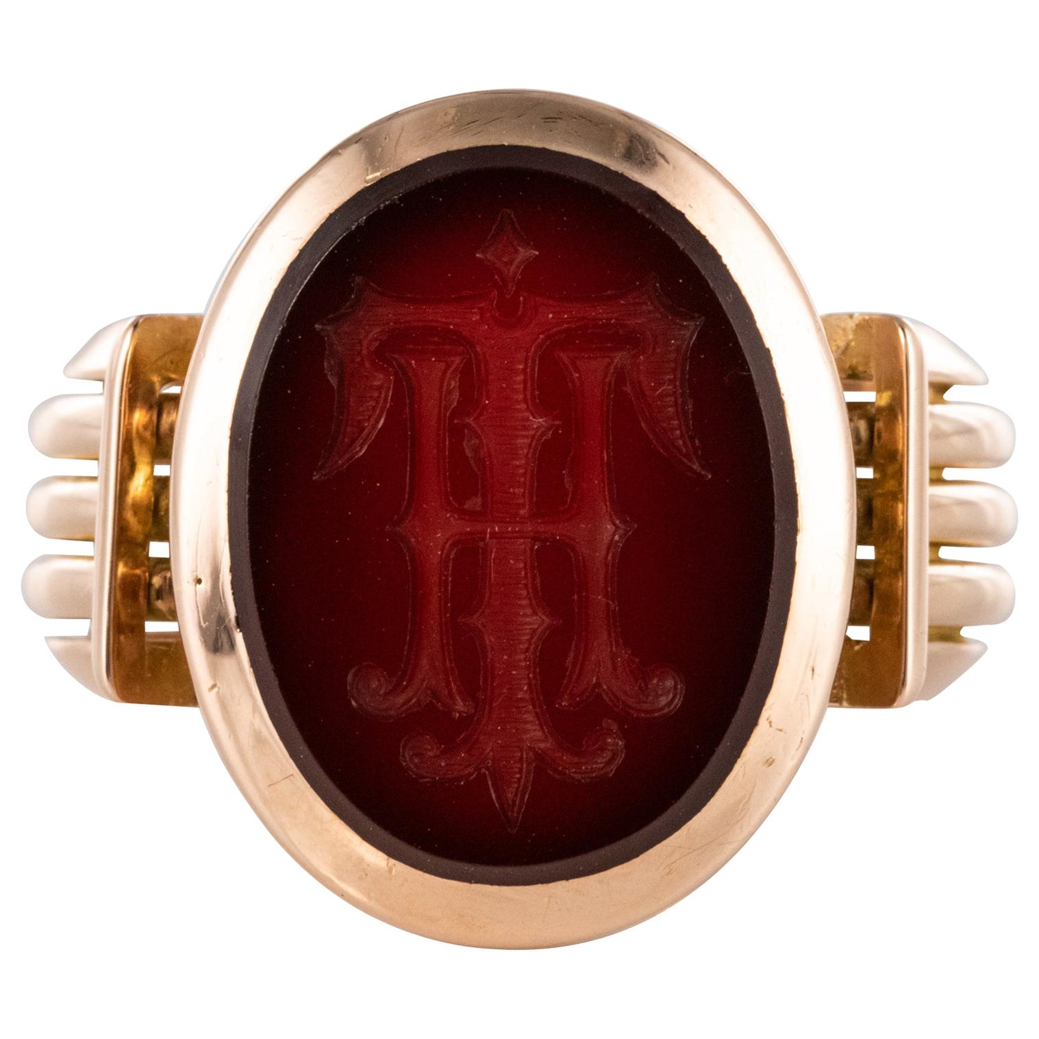 French 19th Century Carnelian Intaglio 18 Karat Yellow Gold Signet Ring