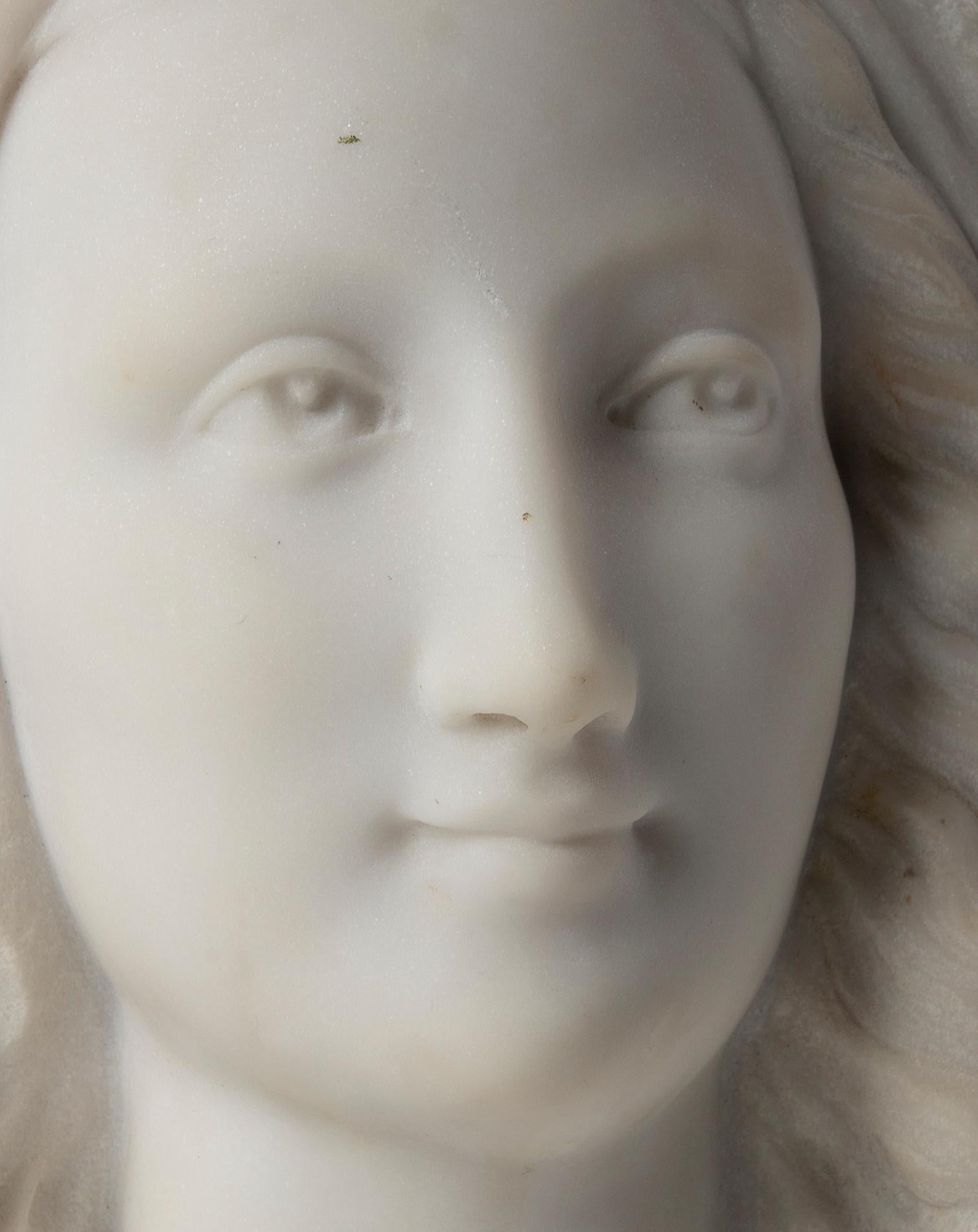Art Nouveau French 19th Century Carrara Marble Sculpture Portrait of Woman, Signed LeBrun For Sale