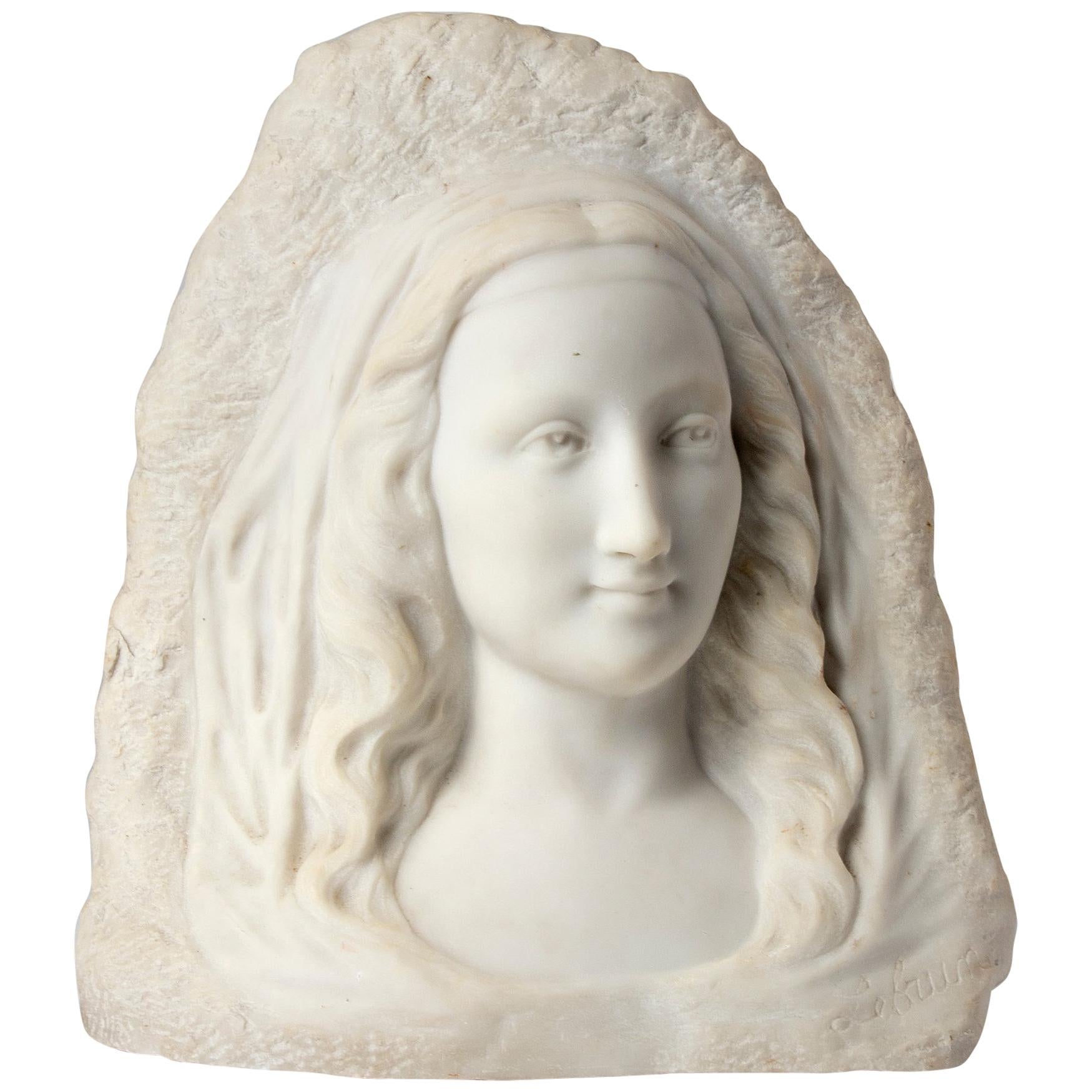 French 19th Century Carrara Marble Sculpture Portrait of Woman, Signed LeBrun