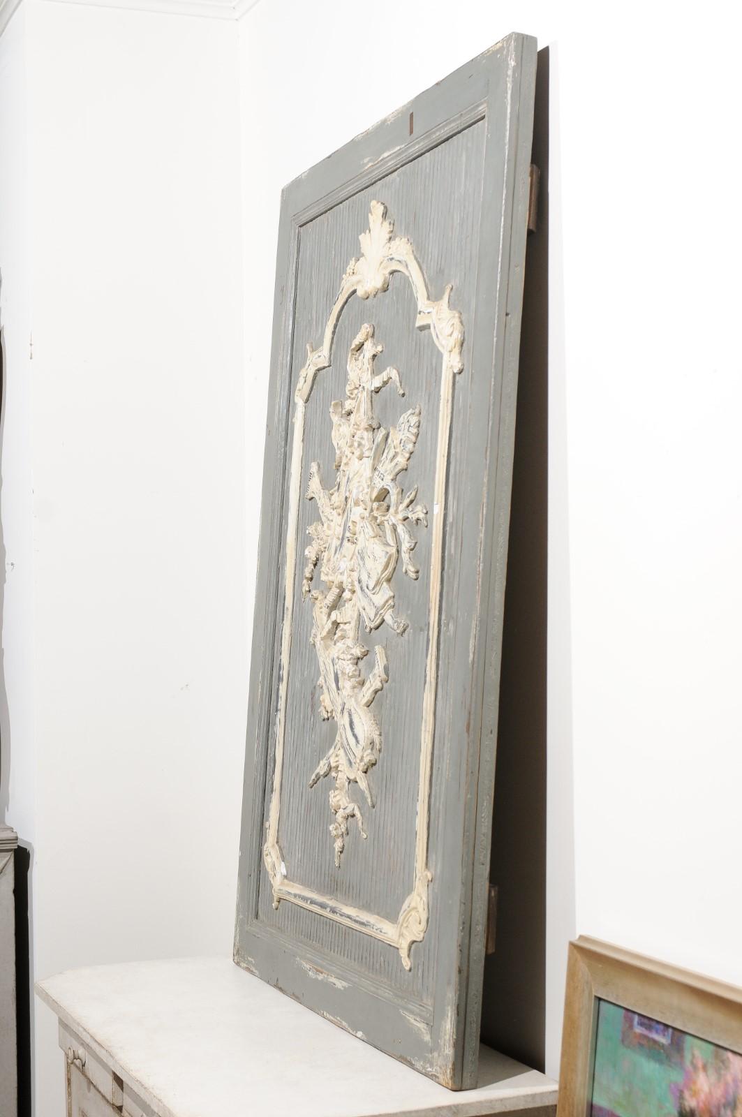 French 19th Century Carved and Painted Wooden Panel with Liberal Arts Allegory For Sale 5