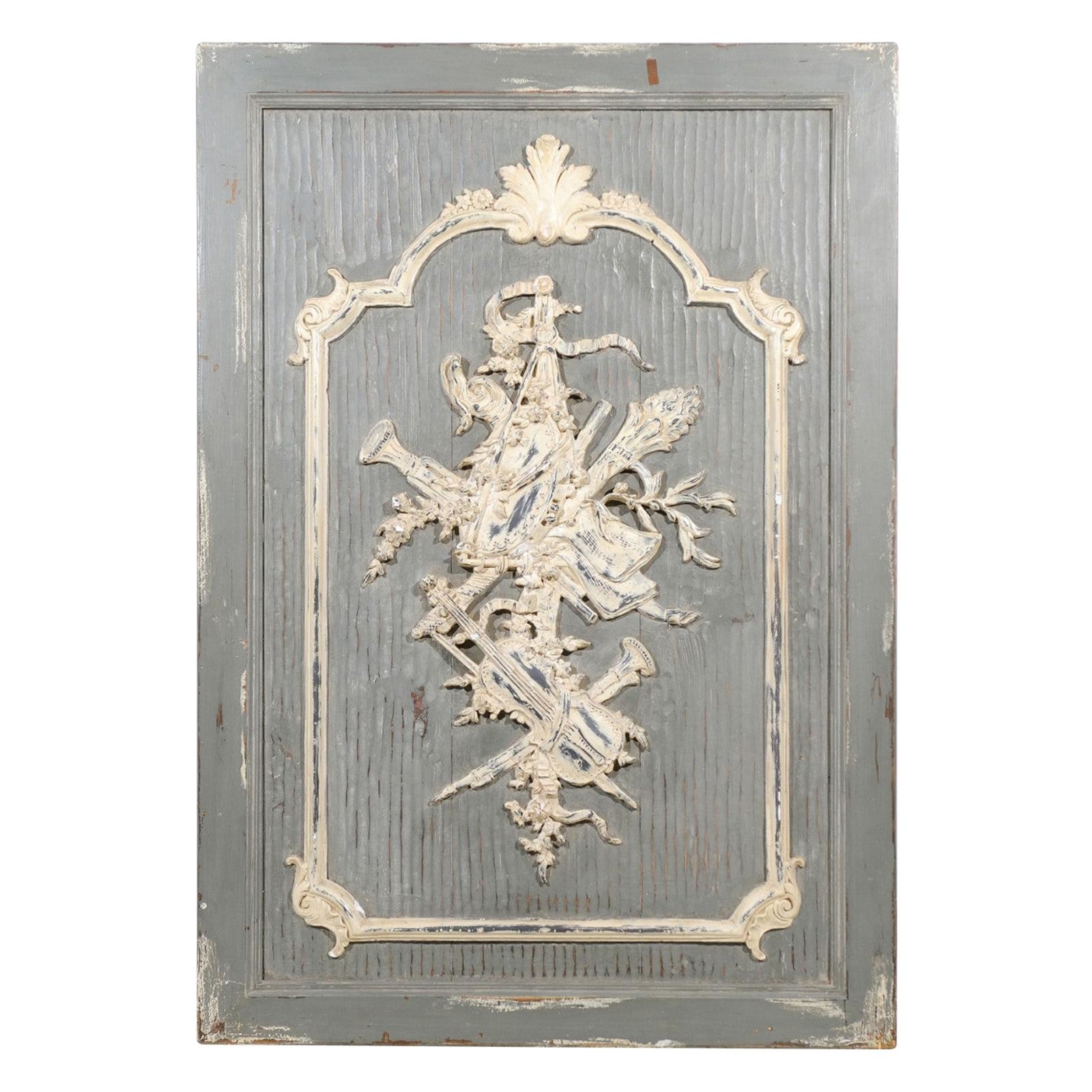 French 19th Century Carved and Painted Wooden Panel with Liberal Arts Allegory For Sale