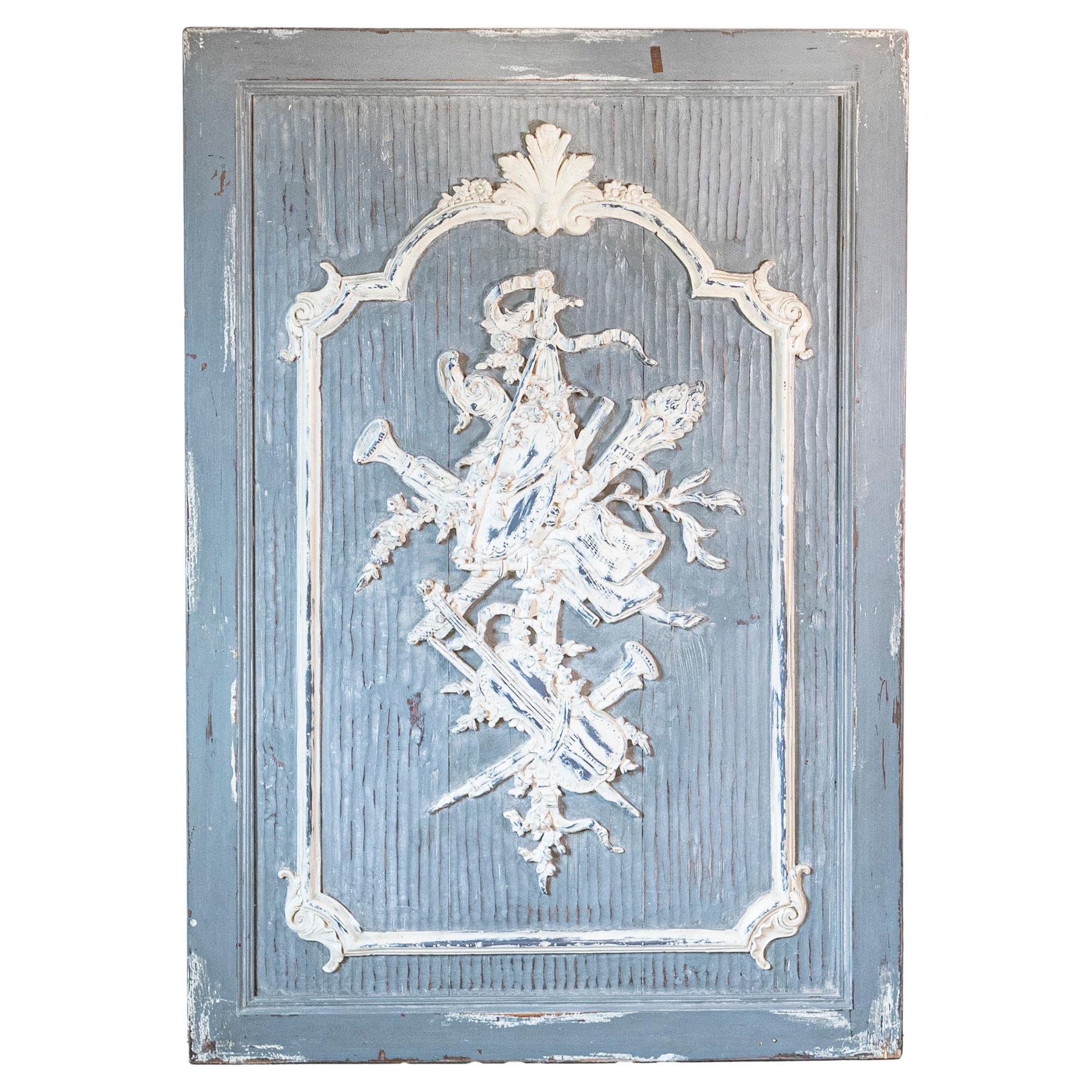 Geschnitzte und bemalte Holztafel aus dem 19. Jahrhundert mit liberaler Kunst Allegorie, Französisch