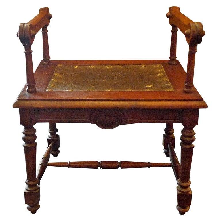 French 19th Century Carved and Stained Walnut Bench with Zinc Seat and Two Arms For Sale