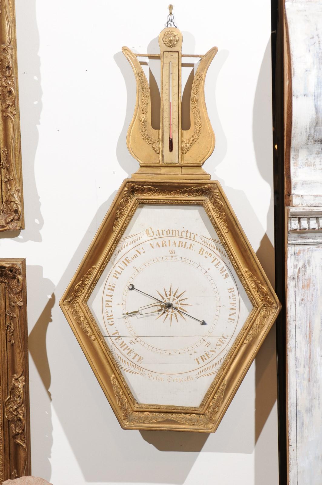 French 19th Century Carved Giltwood Barometer with Lyre Motif and Hexagonal Face 7