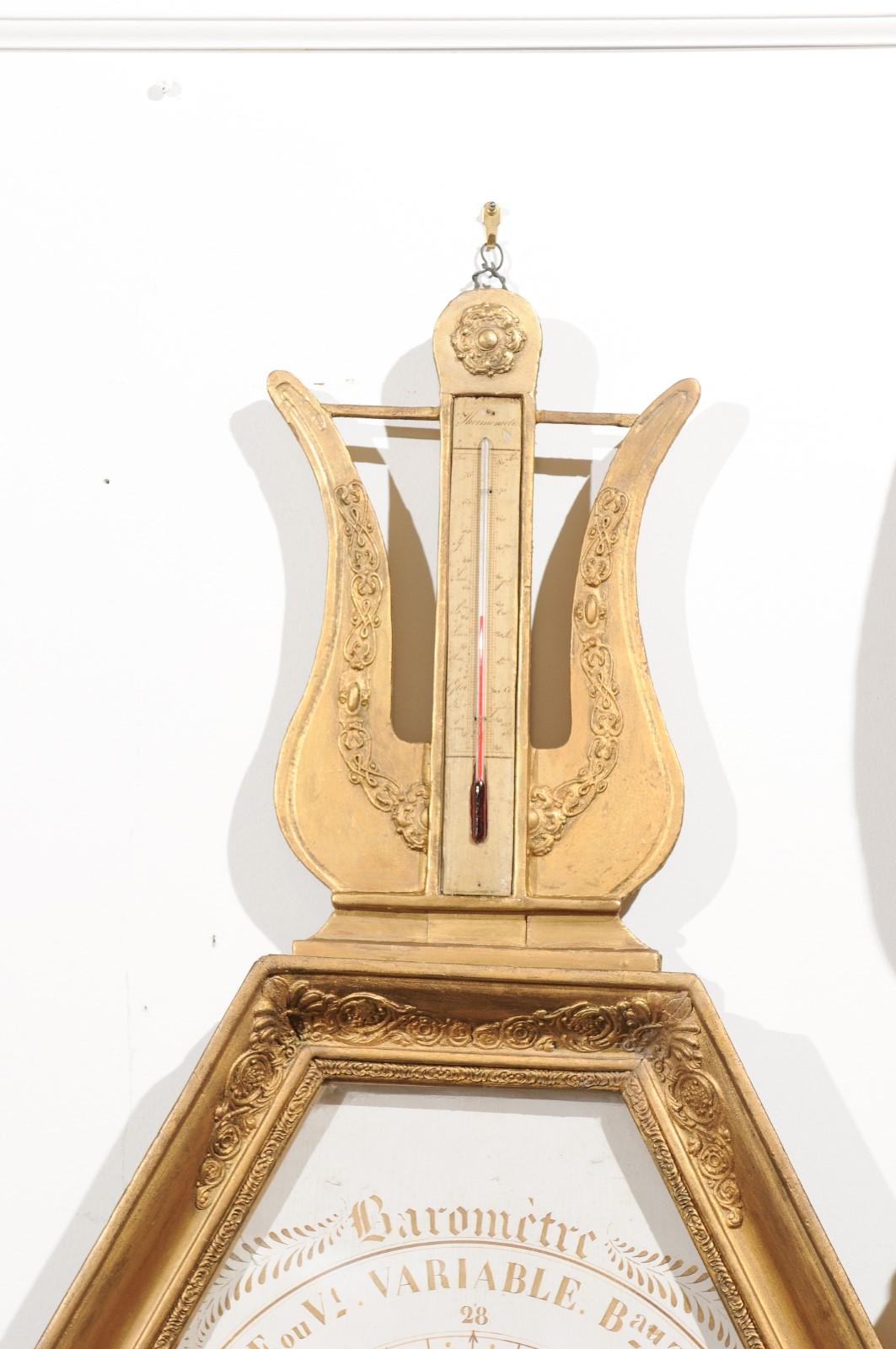 French 19th Century Carved Giltwood Barometer with Lyre Motif and Hexagonal Face 1