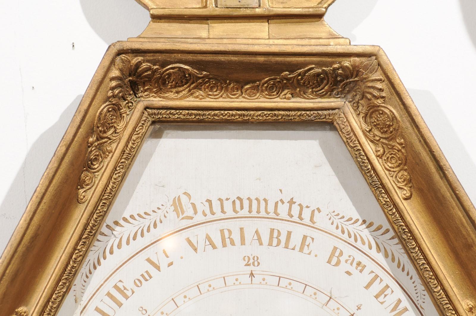 French 19th Century Carved Giltwood Barometer with Lyre Motif and Hexagonal Face 4