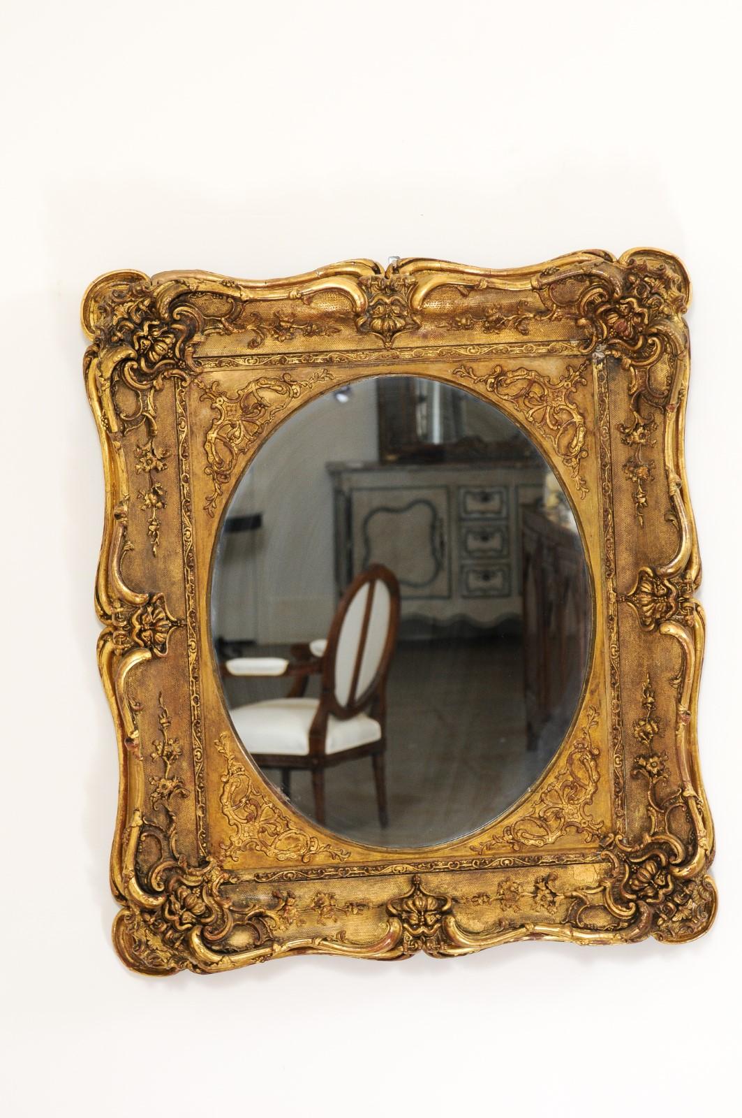 French 19th Century Carved Giltwood Mirror with Scrolling Foliage and Flowers In Good Condition In Atlanta, GA