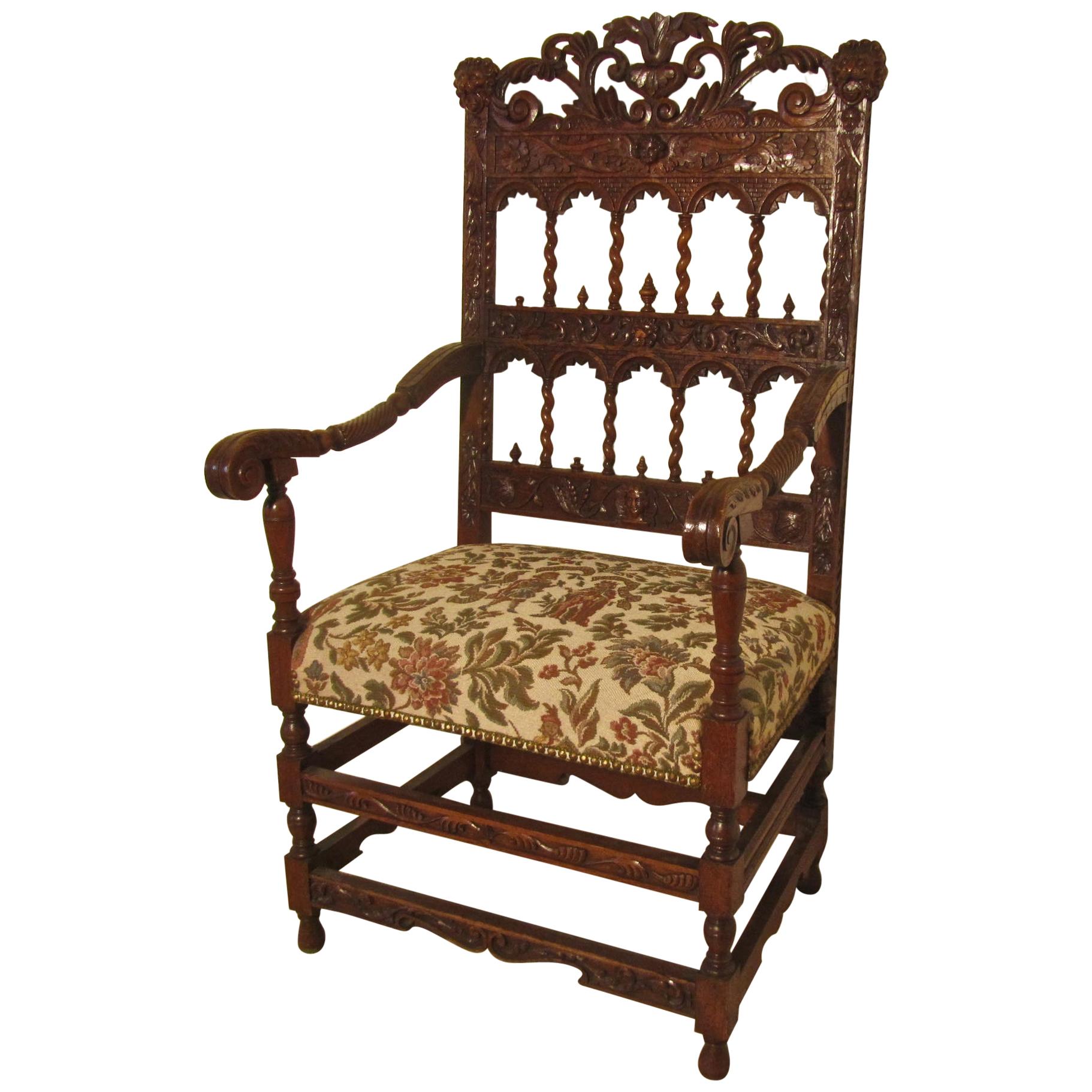 French 19th Century Carved Oak Armchair, Throne or Hall Chair